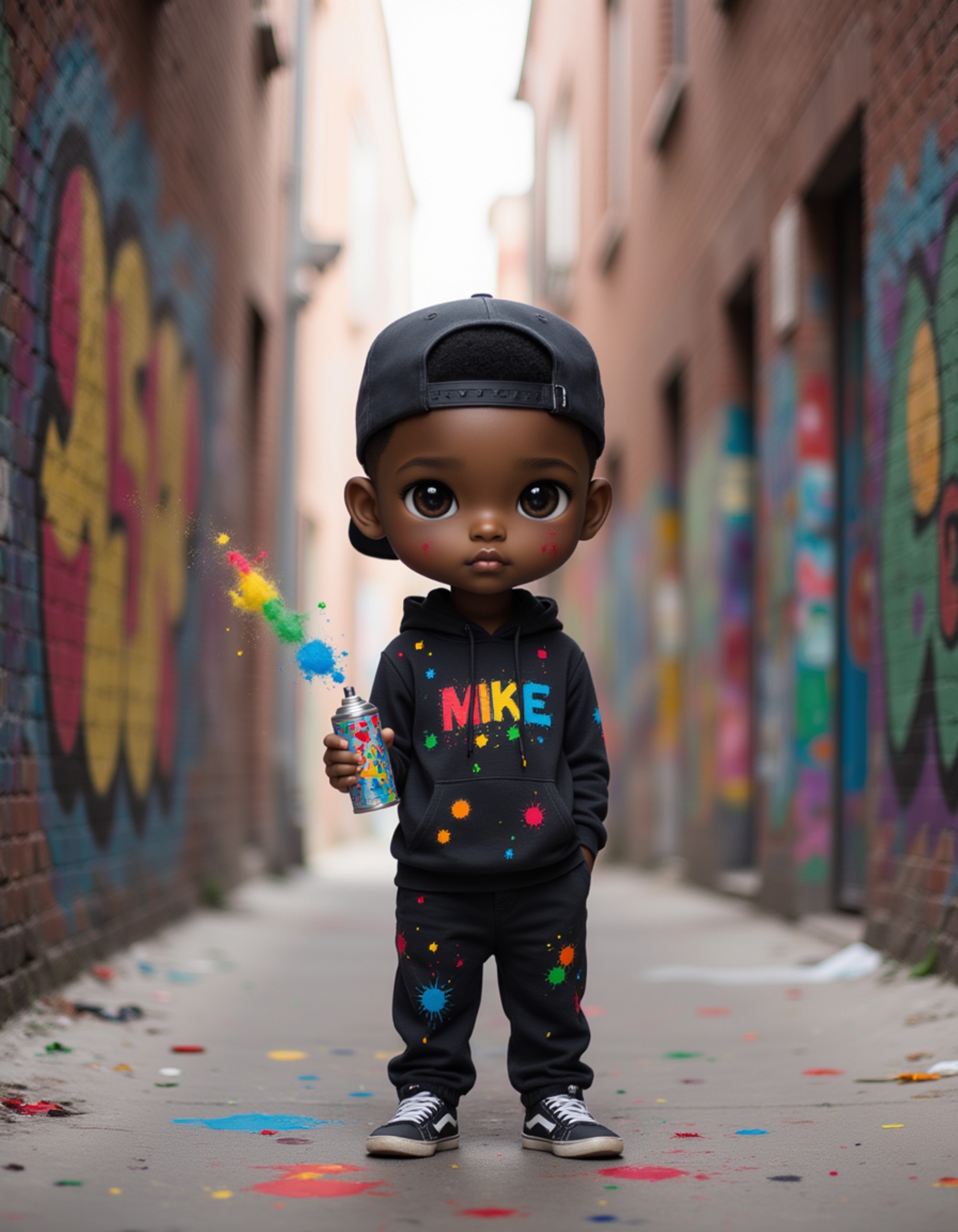 The model as a chibi street artist, wearing a hoodie with paint splatters, a backwards cap, and baggy pants. He holds a spray can with colorful mist coming out. The background is an urban alley with vibrant graffiti murals and brick walls. The style is in cute chibi anime illustration.