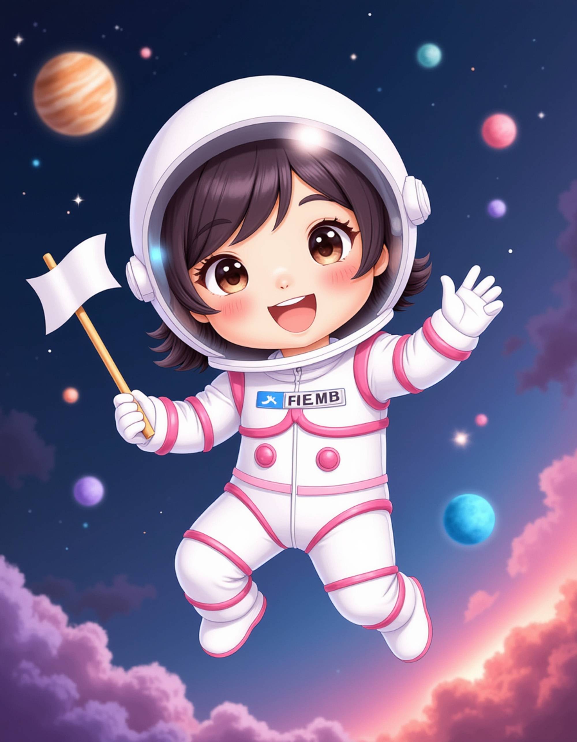 The model as a chibi astronaut explorer, wearing a sleek white spacesuit with pink accents and a clear bubble helmet showing her smiling face. She holds a tiny flag and floats with sparkles around her. The background is outer space with colorful nebulas, distant planets, and twinkling stars. The style is in cute chibi anime illustration.