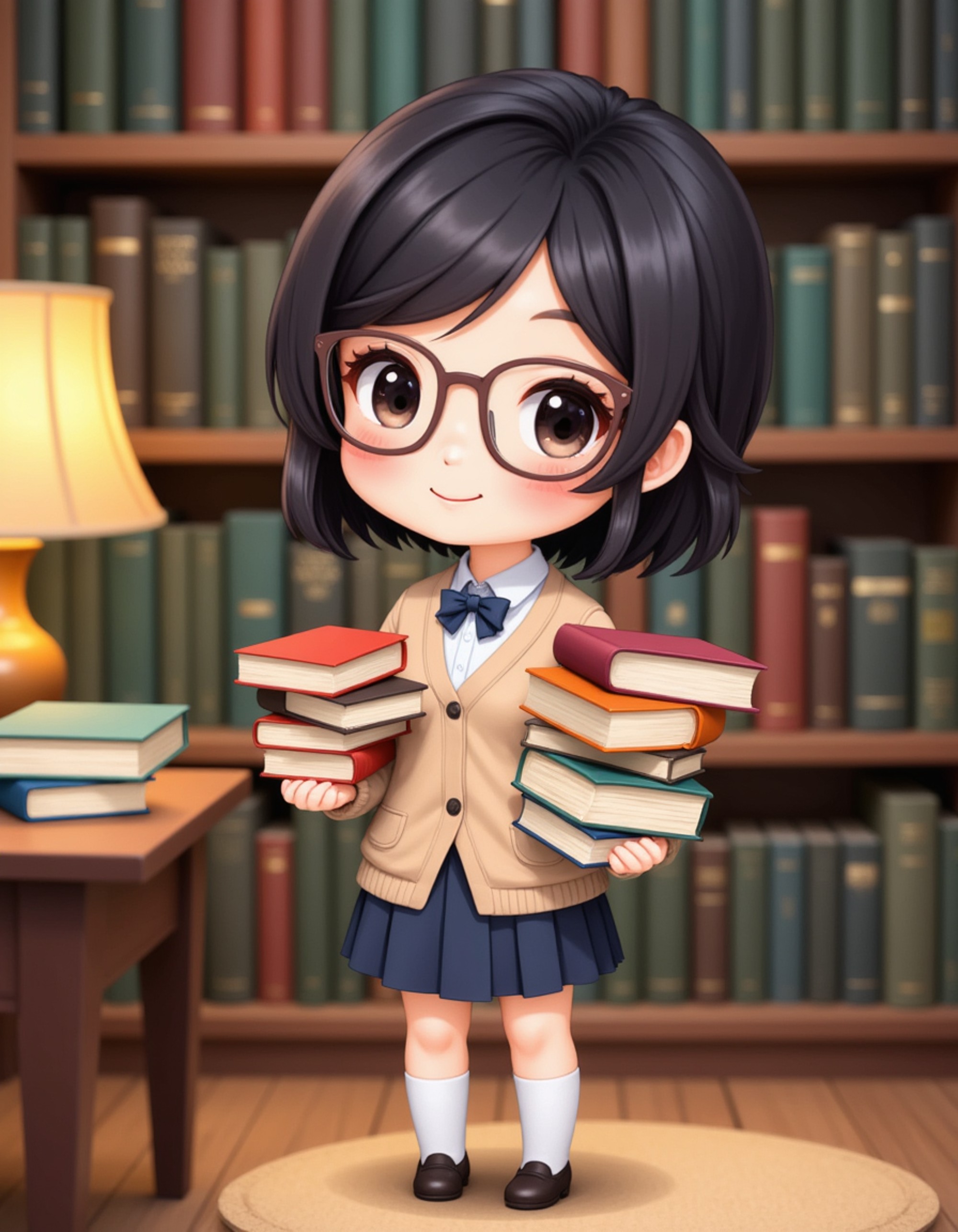 The model as a chibi librarian scholar, wearing glasses, a cardigan over a blouse, and a pleated skirt with knee-high socks. She holds a stack of tiny books with a gentle smile. The background is a cozy vintage library with wooden shelves, a reading lamp, and floating book pages. The style is in cute chibi anime illustration.