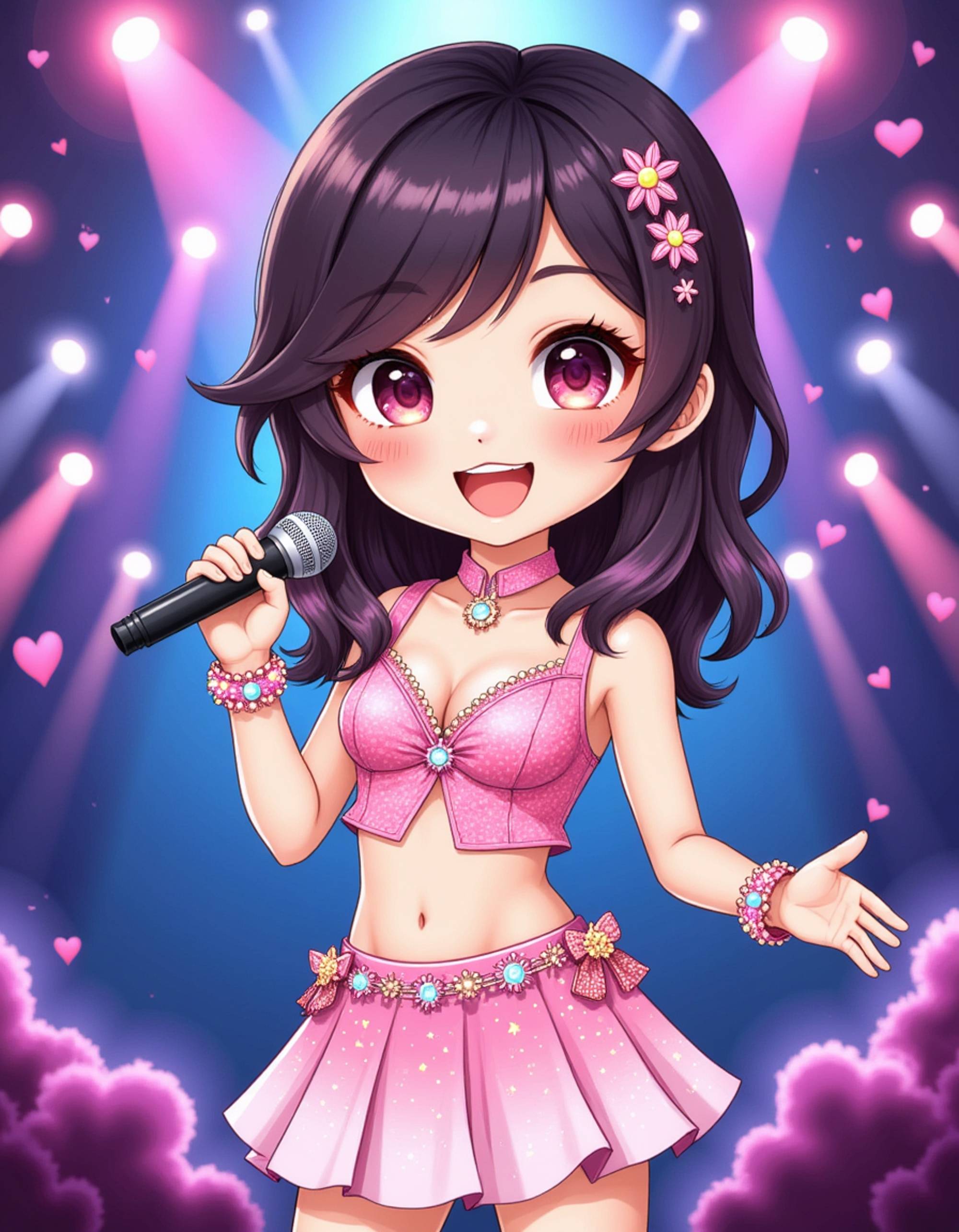 The model as a chibi pop star idol, wearing a sparkly stage outfit with a short skirt, crop top with star patterns, and microphone in hand. Her hair has colorful streaks and accessories. The background is a dazzling concert stage with neon lights, holographic effects, and glowing hearts. The style is in cute chibi anime illustration.