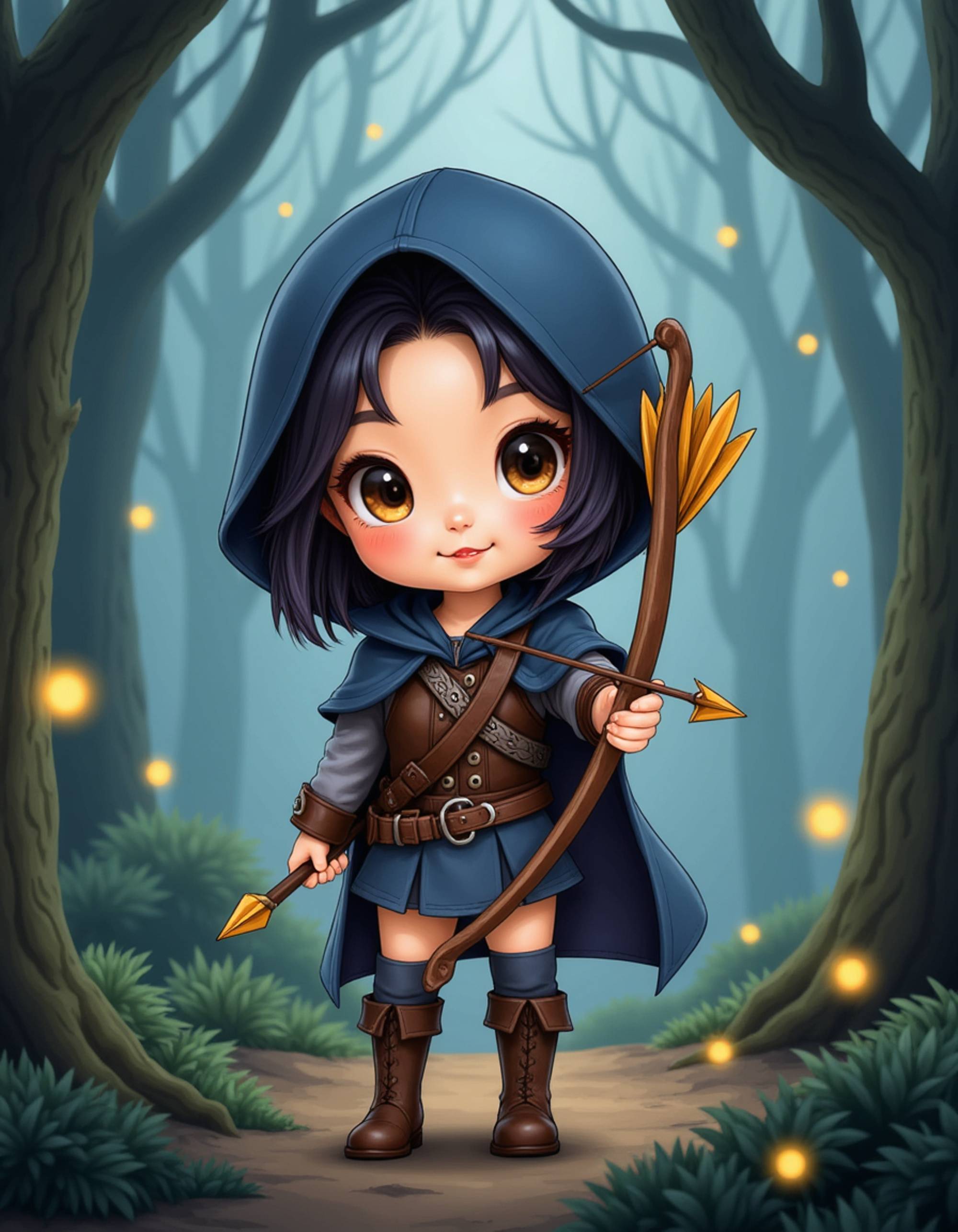 The model as a chibi archer huntress, wearing a hooded cloak, leather vest, and boots with a quiver of tiny arrows on her back. She holds a elegant bow in a ready stance. The background is an enchanted forest with ancient trees, mystical fog, and glowing fireflies. The style is in cute chibi anime illustration.