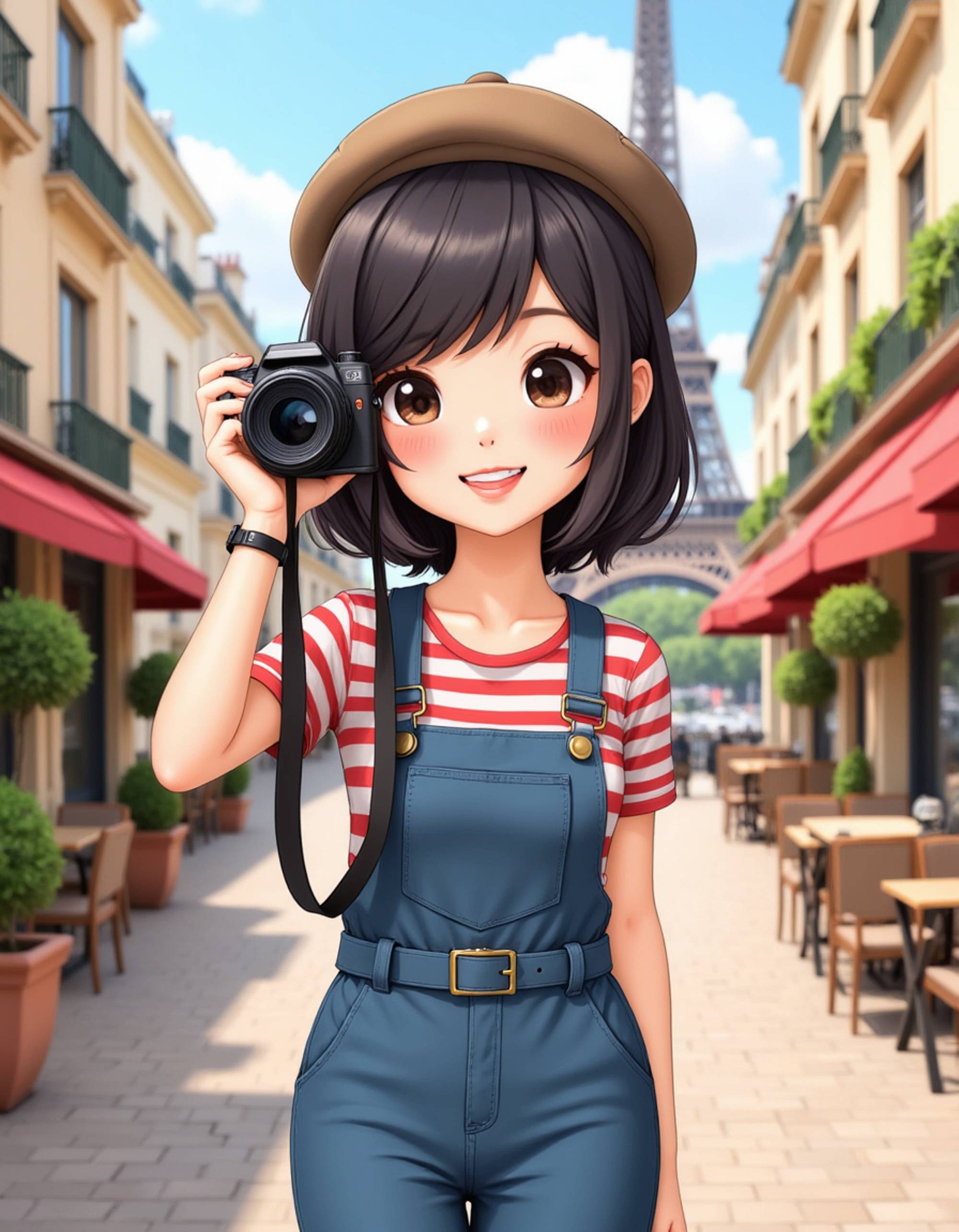 The model as a chibi photographer artist, wearing a beret, striped shirt, and denim overalls with camera straps around her neck. She holds a vintage camera up to her eye. The background is a charming Parisian street with cafés, the Eiffel Tower in the distance, and floating polaroid photos. The style is in cute chibi anime illustration.