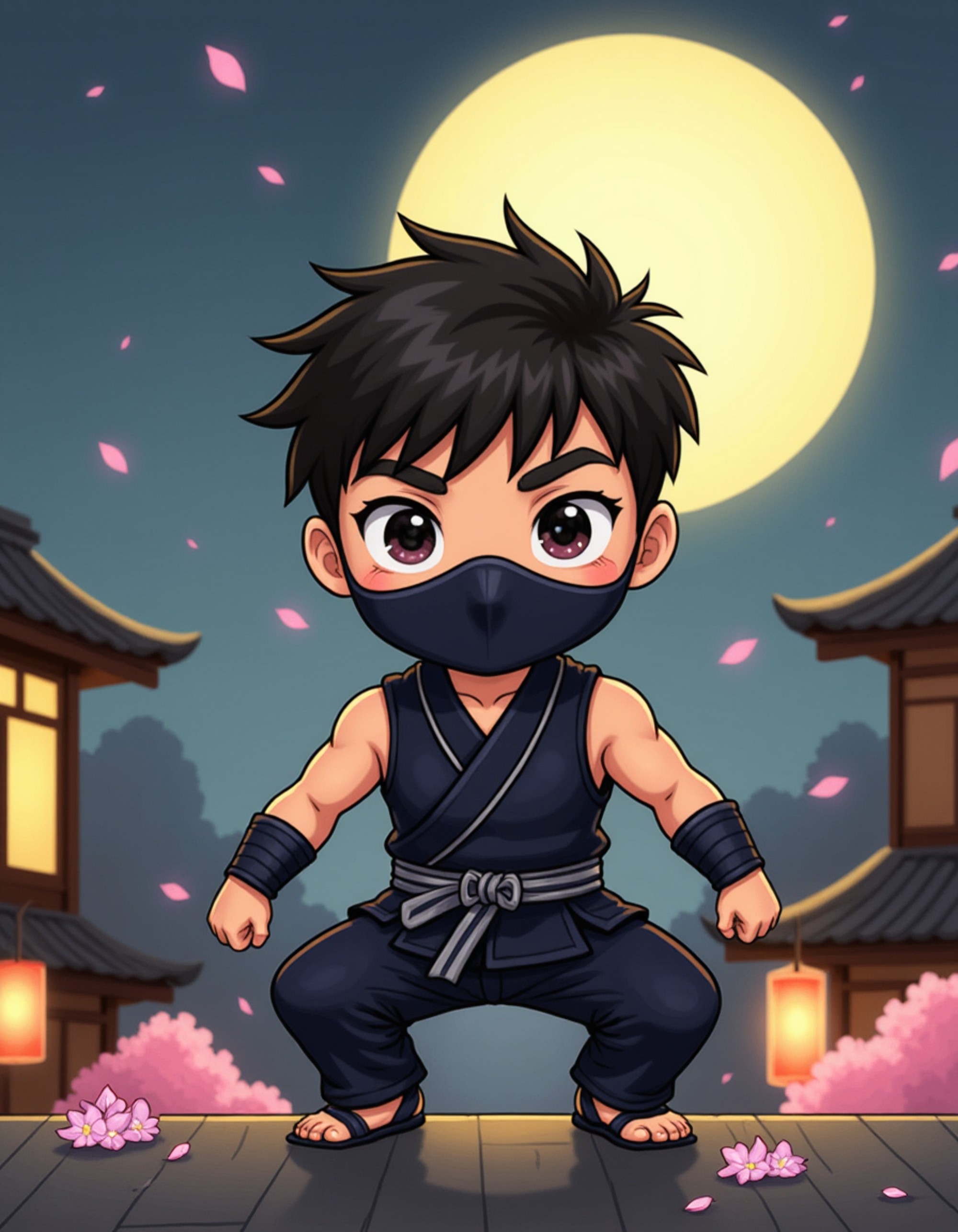 The model as a chibi ninja assassin, wearing a black mask covering half his face, sleeveless gi with arm wraps, and carrying tiny shurikens. He's in a dynamic crouching pose. The background is a moonlit Japanese rooftop with paper lanterns, tile roofs, and cherry blossom petals in the wind. The style is in cute chibi anime illustration.