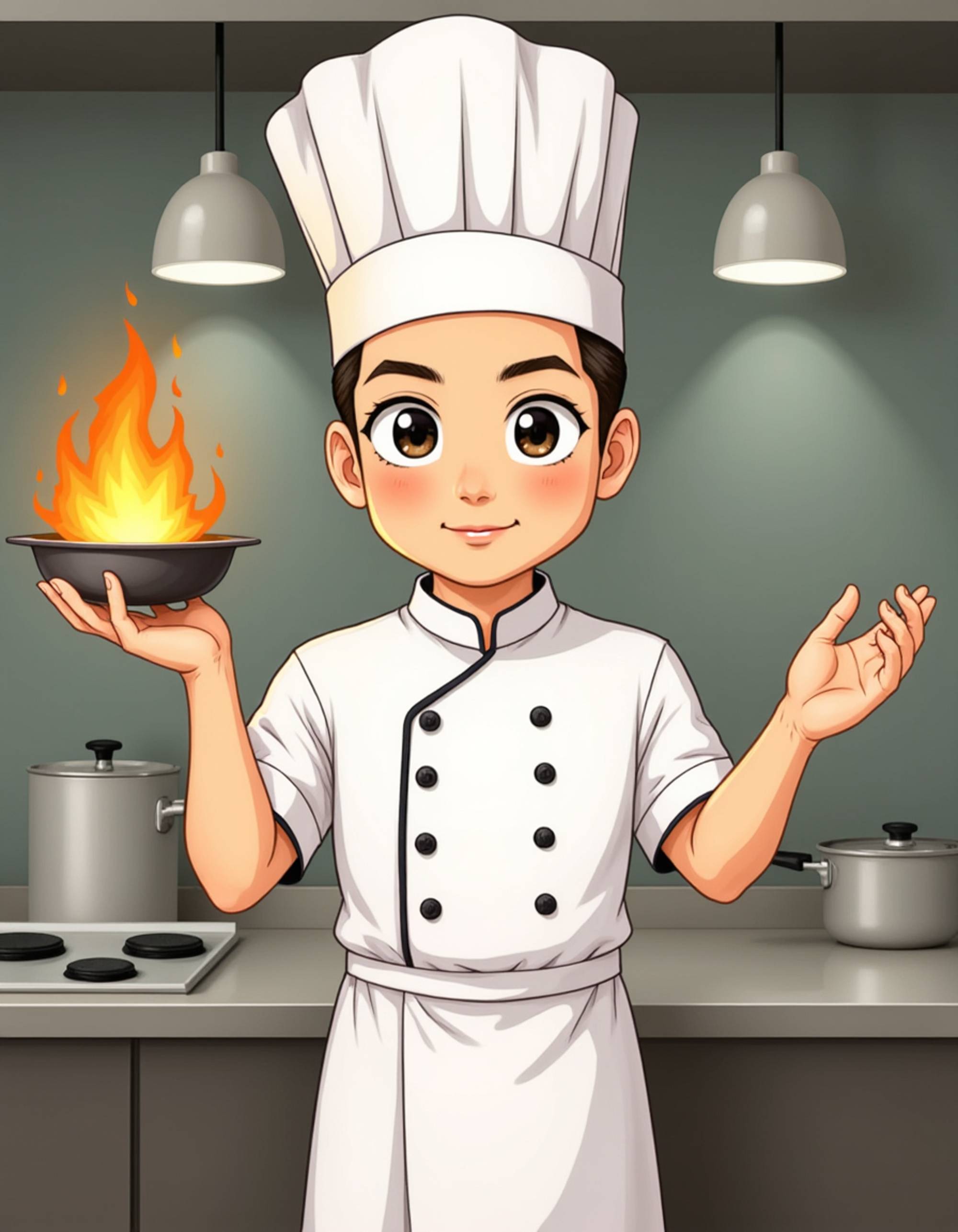 The model as a chibi chef master, wearing a white chef's uniform with a tall toque hat and an apron, holding a tiny pan with flames. He has a focused expression. The background is a professional restaurant kitchen with stainless steel counters, hanging pots, and rising steam. The style is in cute chibi anime illustration.