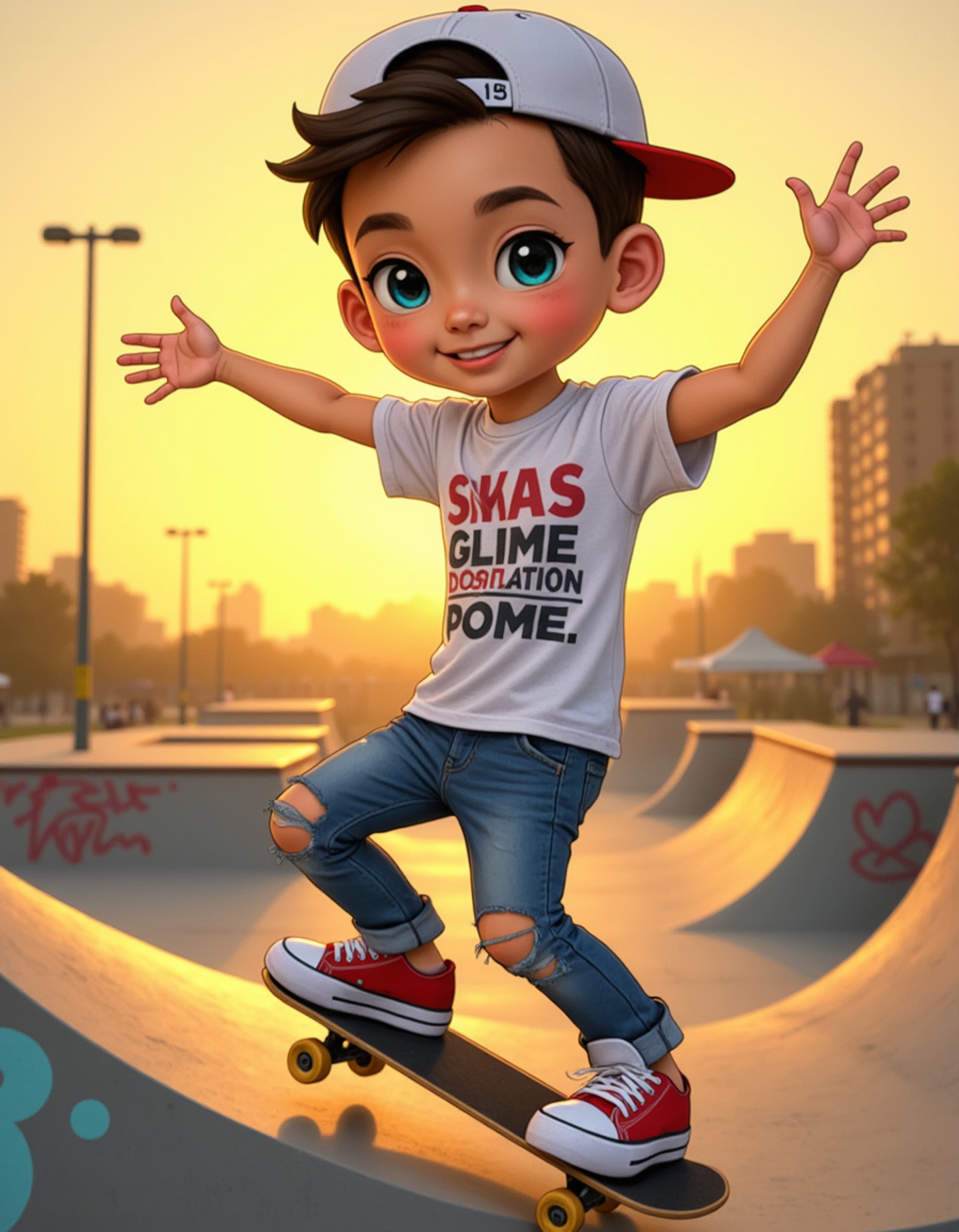 The model as a chibi skateboarder, wearing a graphic tee, ripped jeans, sneakers, and a backwards snapback cap. He's mid-trick on a tiny skateboard with motion blur effects. The background is an urban skate park with ramps, graffiti walls, and a golden hour sunset. The style is in cute chibi anime illustration.