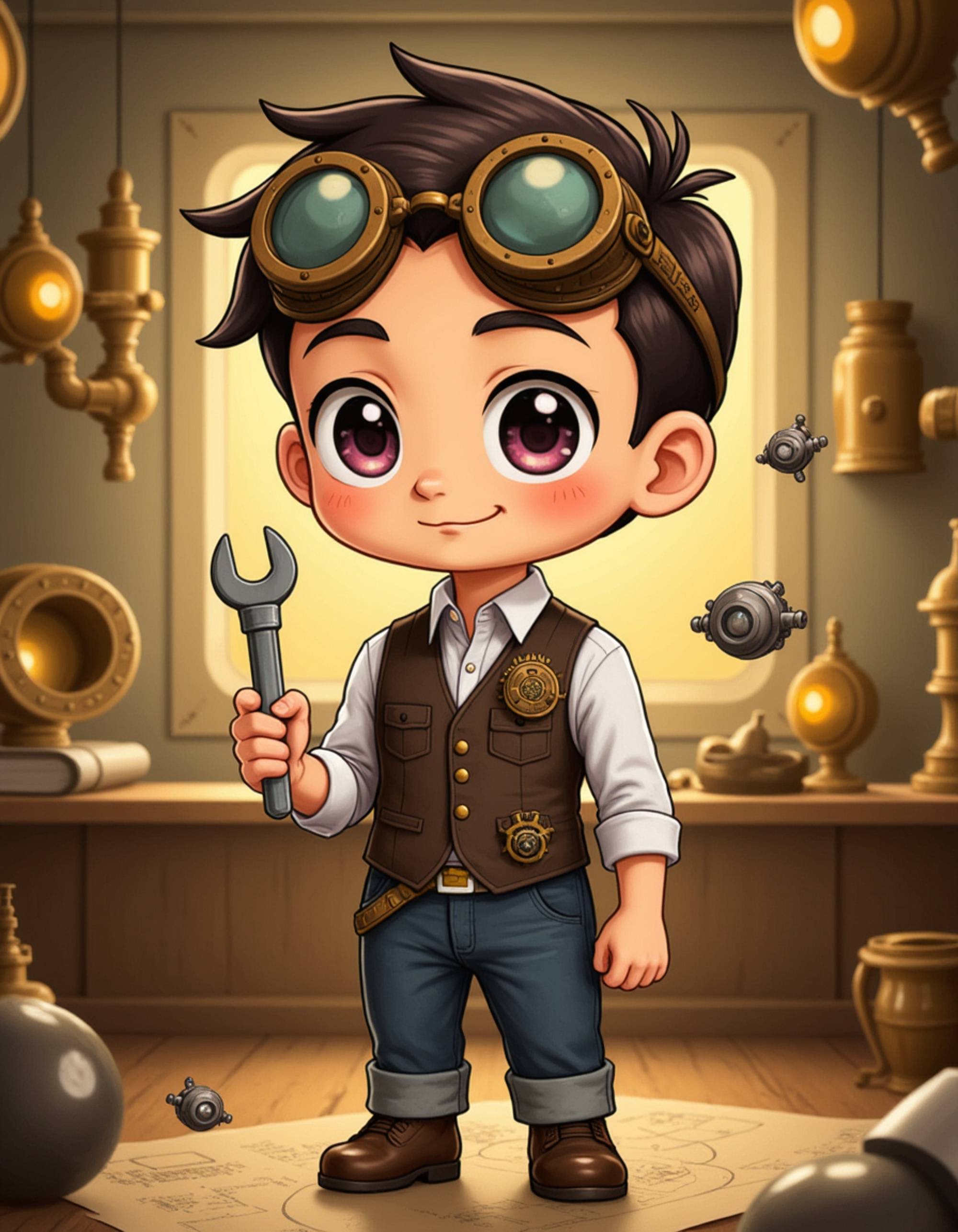 The model as a chibi steampunk inventor, wearing goggles on his forehead, a vest with gears and chains, rolled-up sleeves, and holding a wrench. Tiny mechanical gadgets float around him. The background is a Victorian workshop filled with brass machinery, blueprints, and glowing steam vents. The style is in cute chibi anime illustration.