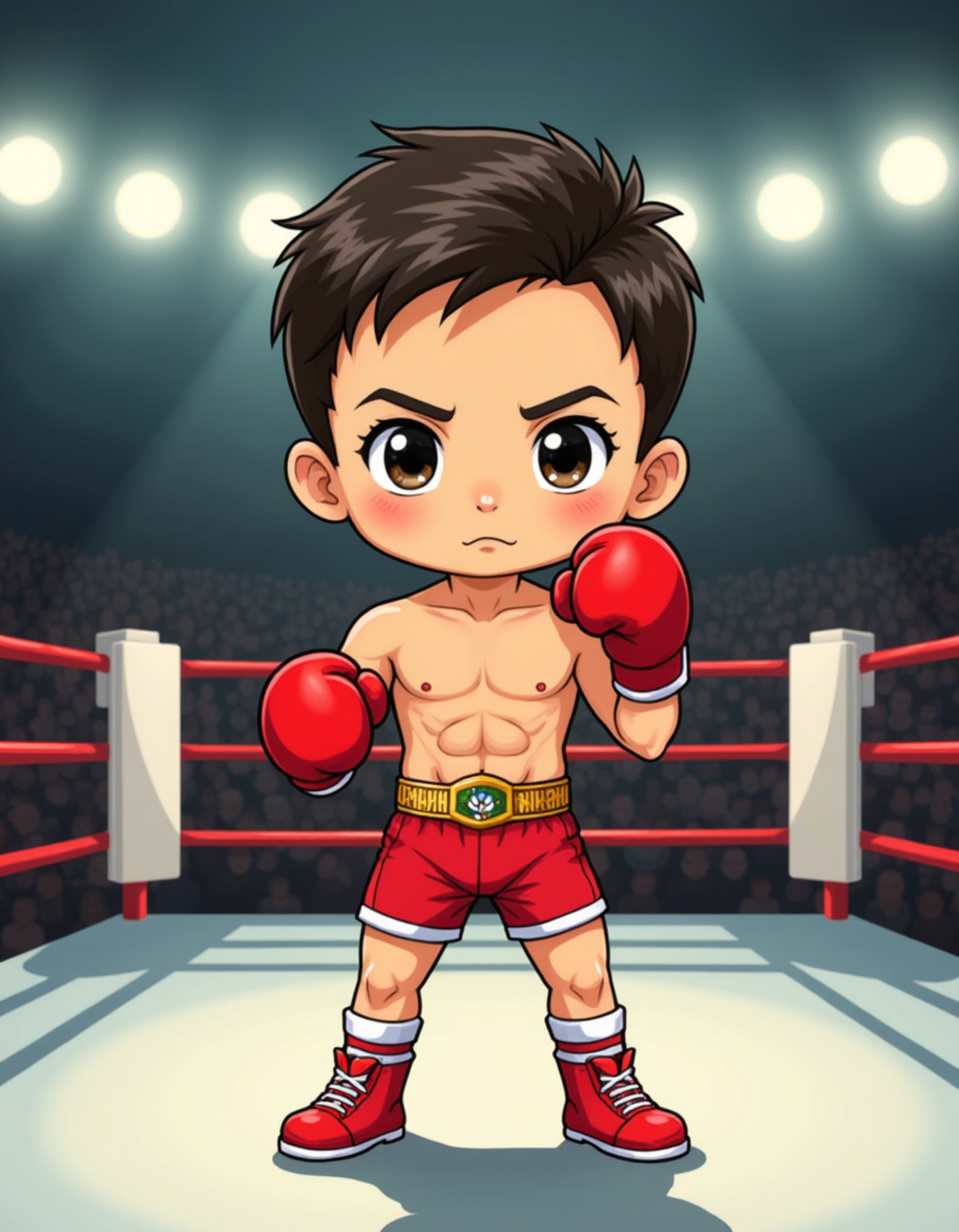 The model as a chibi boxer champion, wearing boxing gloves, shorts with a championship belt, and athletic wraps. He's in a fighting stance with determination. The background is a boxing ring with spotlights, corner posts with towels, and a roaring crowd in the arena. The style is in cute chibi anime illustration.