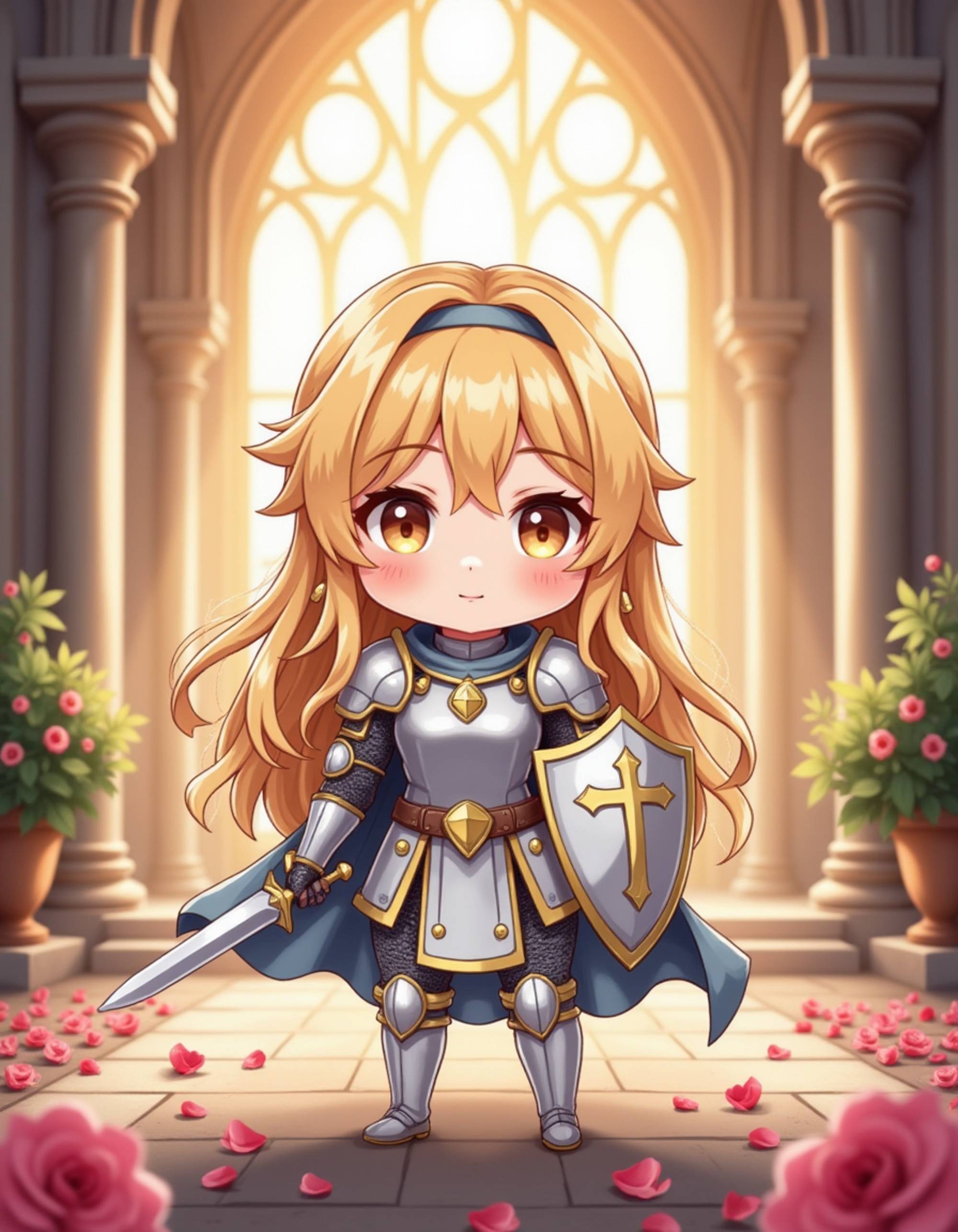 The model as a chibi knight paladin, wearing shining silver armor with gold trim, a flowing cape, and a tiny sword and shield with holy symbols. Her hair flows from under a delicate helmet. The background is a grand cathedral with stained glass windows, divine light beams, and floating rose petals. The style is in cute chibi anime illustration.