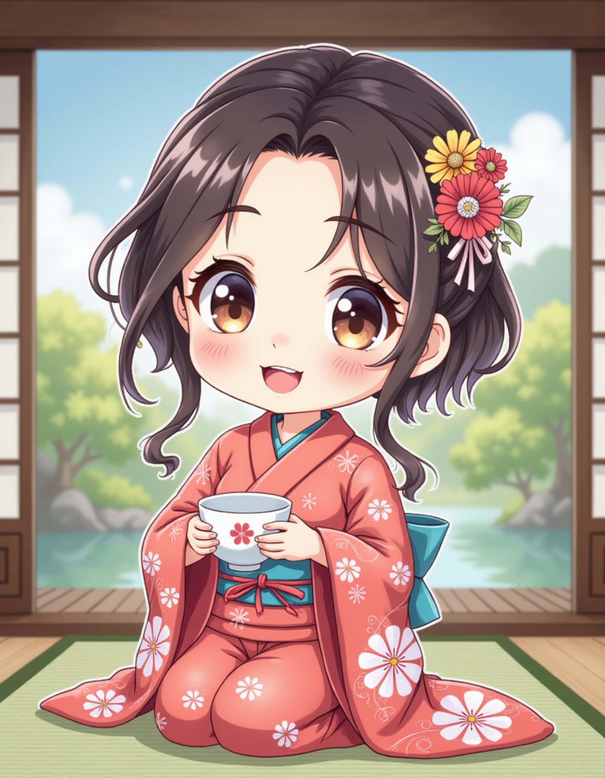 The model as a chibi tea ceremony master, wearing an elegant kimono with floral patterns, her hair styled in a traditional updo with ornamental pins. She gracefully holds a tiny teacup. The background is a serene Japanese tea house with sliding doors, tatami mats, and a peaceful zen garden view. The style is in cute chibi anime illustration.