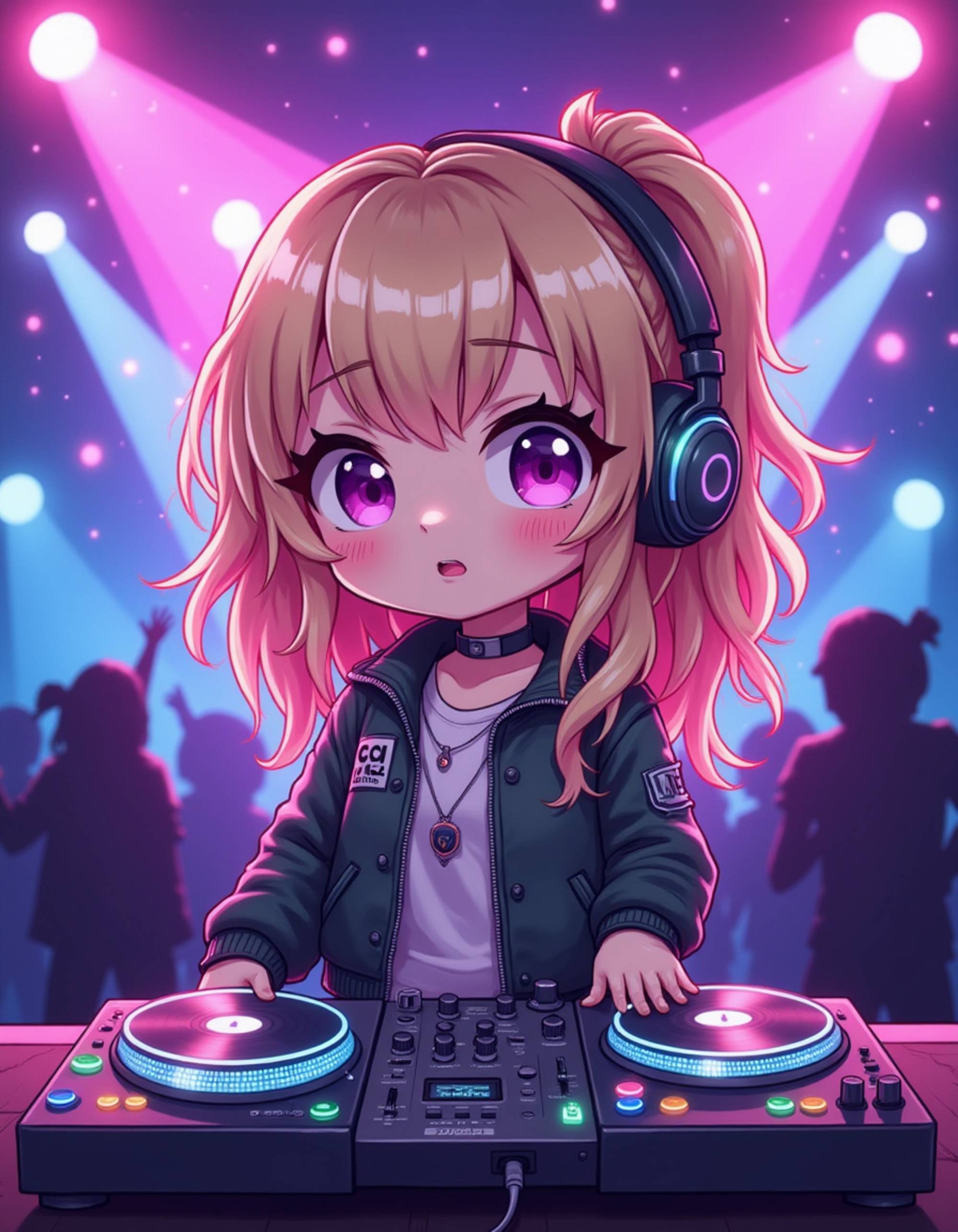 The model as a chibi DJ producer, wearing headphones around her neck, a stylish bomber jacket, and neon accessories. She stands behind a tiny turntable with glowing buttons. The background is an electric nightclub with laser lights, sound wave effects, and dancing crowd silhouettes. The style is in cute chibi anime illustration.