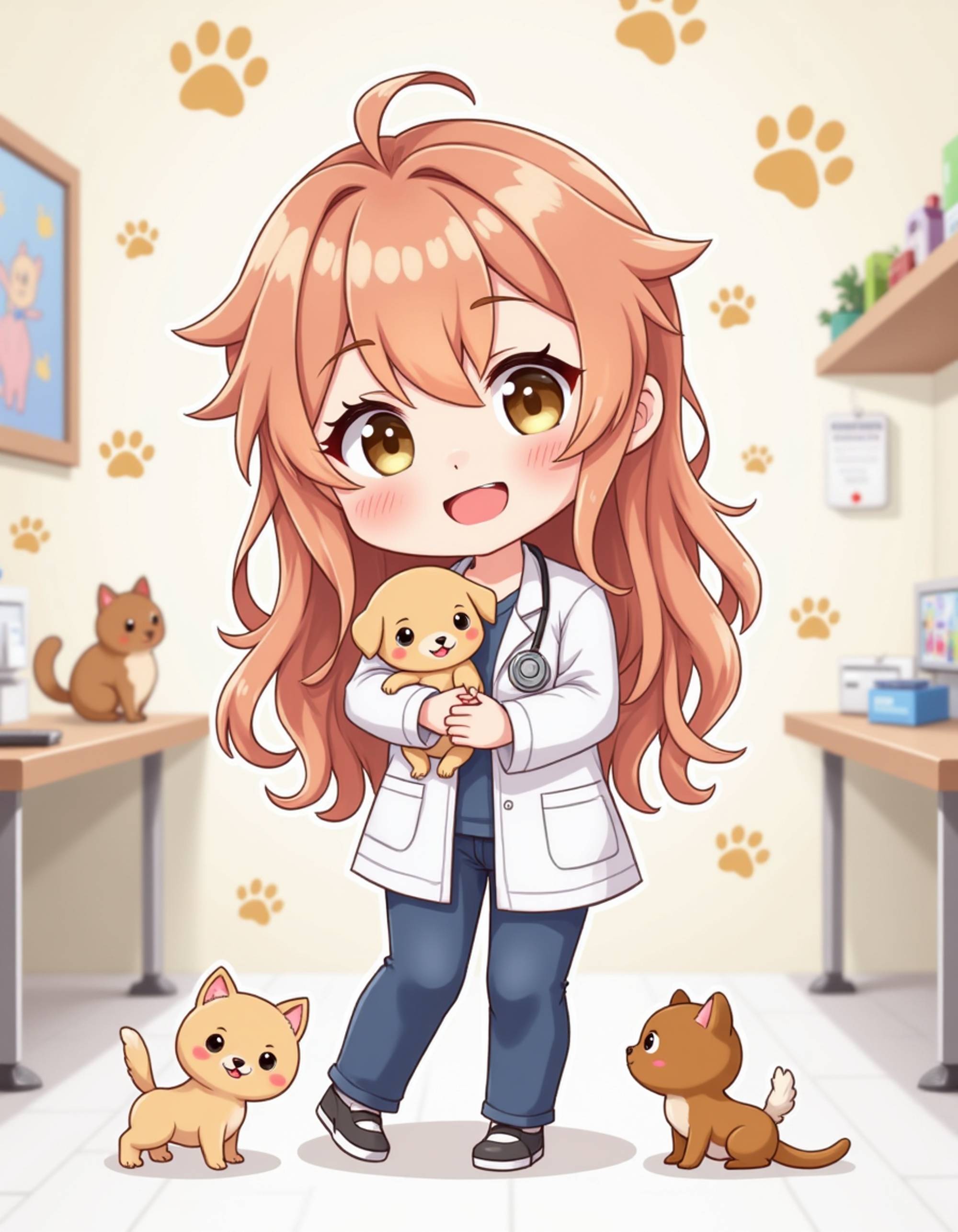 The model as a chibi veterinarian doctor, wearing a white coat with a stethoscope, holding a tiny puppy in her arms with a warm smile. Small animals like kittens and bunnies surround her feet. The background is a bright animal clinic with examination tables, pet toys, and paw print decorations. The style is in cute chibi anime illustration.