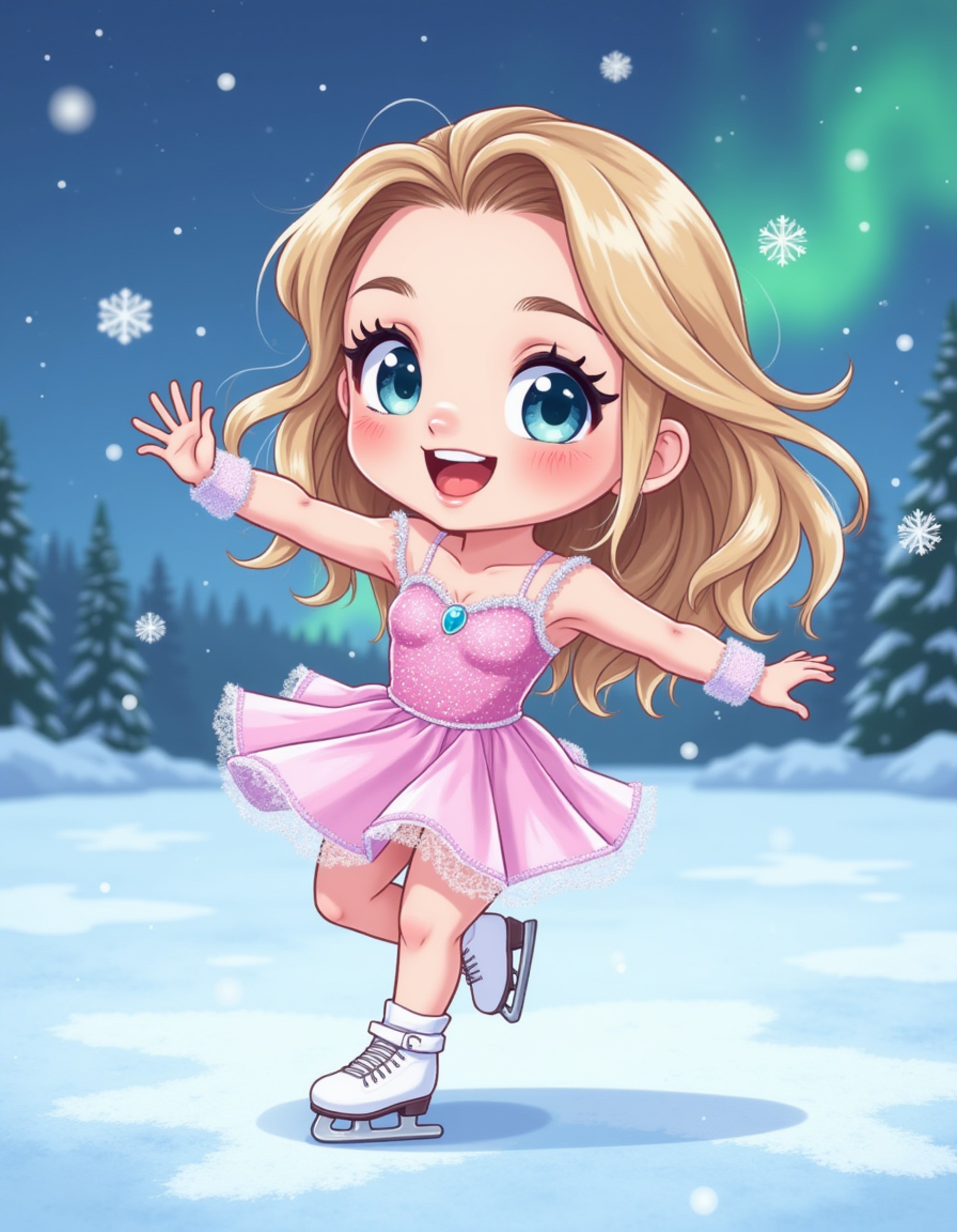 The model as a chibi figure skater, wearing a sparkling ice skating dress with sequins and flowing sleeves, gracefully spinning on ice skates. Snowflakes and ice crystals swirl around her. The background is a frozen ice rink with aurora borealis lights and winter wonderland scenery. The style is in cute chibi anime illustration.