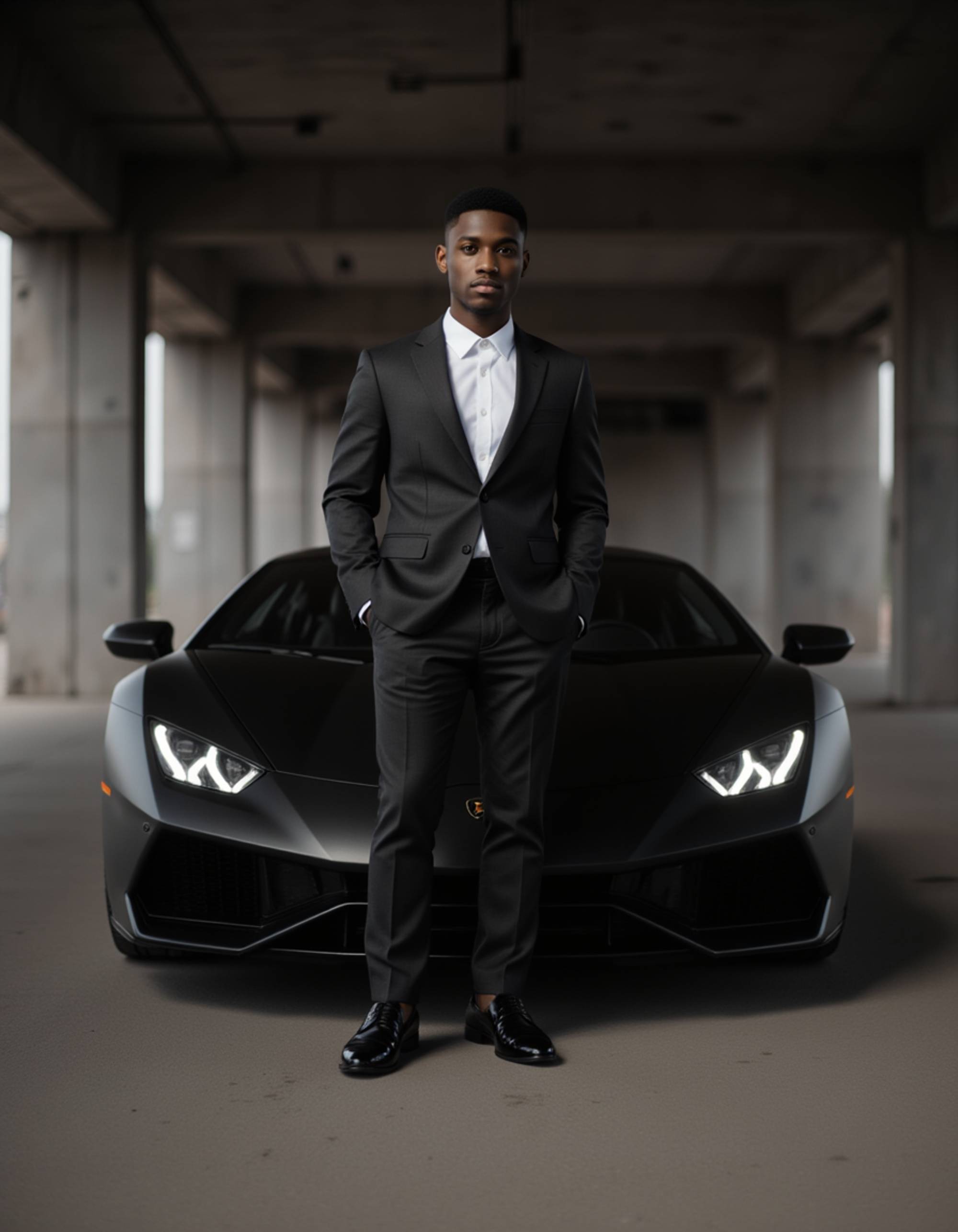 full body photo of confident male model wearing a tailored charcoal suit with open collar, leaning against a matte black Lamborghini Aventador in an underground luxury garage. the model gazes directly at camera with subtle smirk. concrete industrial architecture with dramatic lighting casting strong shadows. modern masculine aesthetic with sharp angles and premium details.