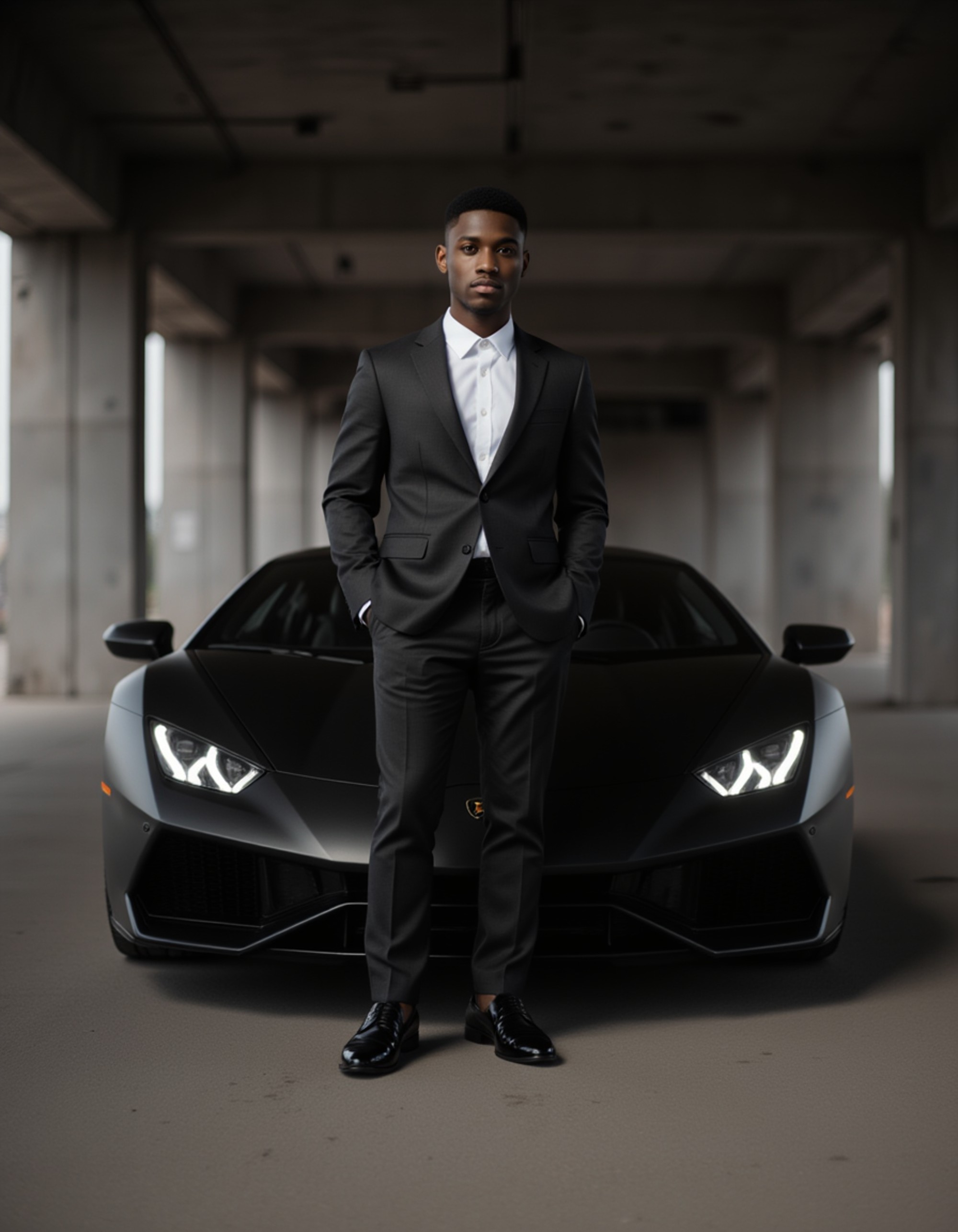 full body photo of confident male model wearing a tailored charcoal suit with open collar, leaning against a matte black Lamborghini Aventador in an underground luxury garage. the model gazes directly at camera with subtle smirk. concrete industrial architecture with dramatic lighting casting strong shadows. modern masculine aesthetic with sharp angles and premium details.