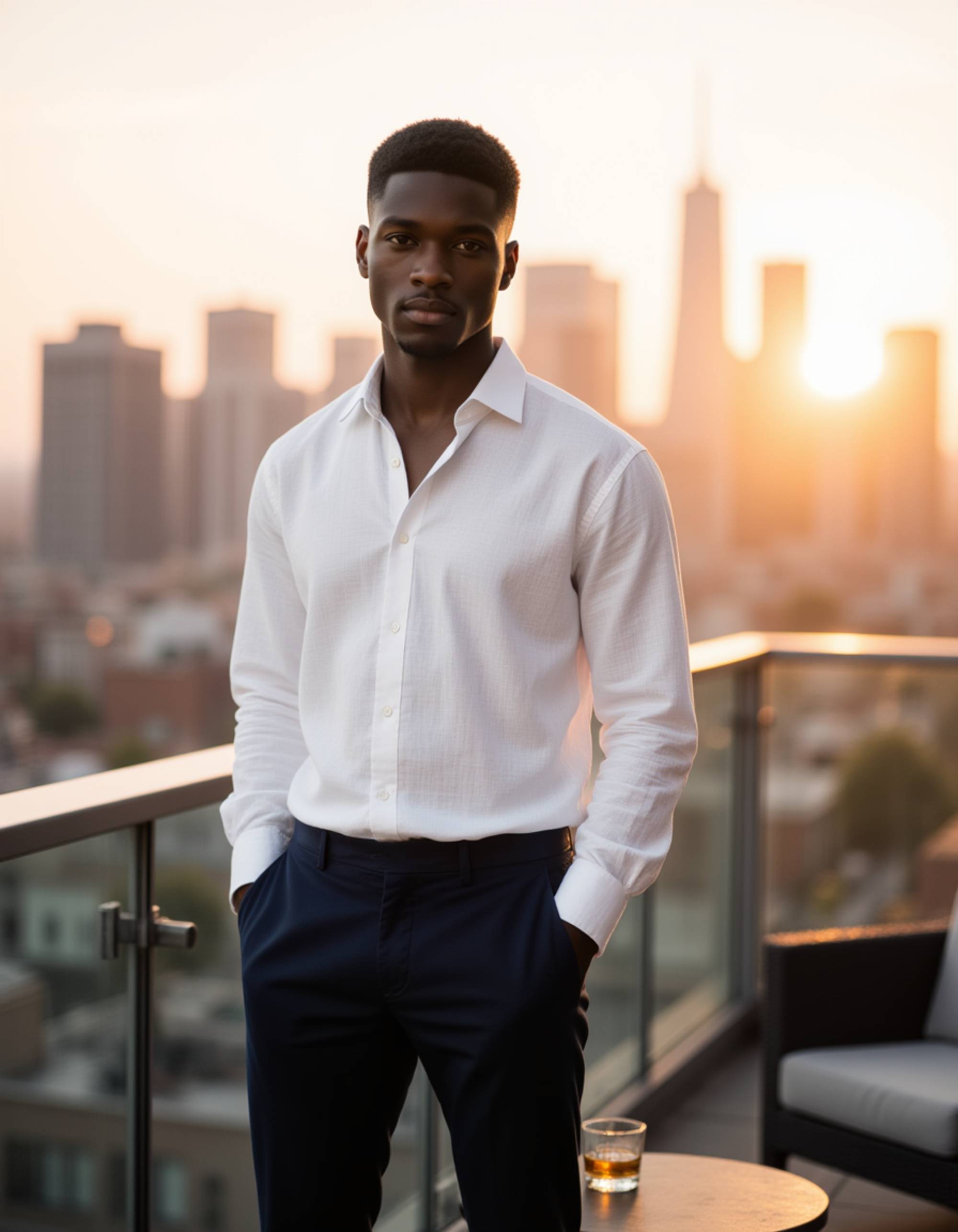full-body front view shot of athletic male model at exclusive rooftop lounge during golden hour, dressed in crisp white linen shirt with rolled sleeves and slim-fit navy trousers. model stands confidently near glass railing with city skyline in background. whiskey glass on nearby table. warm sunset lighting creates sophisticated ambiance.