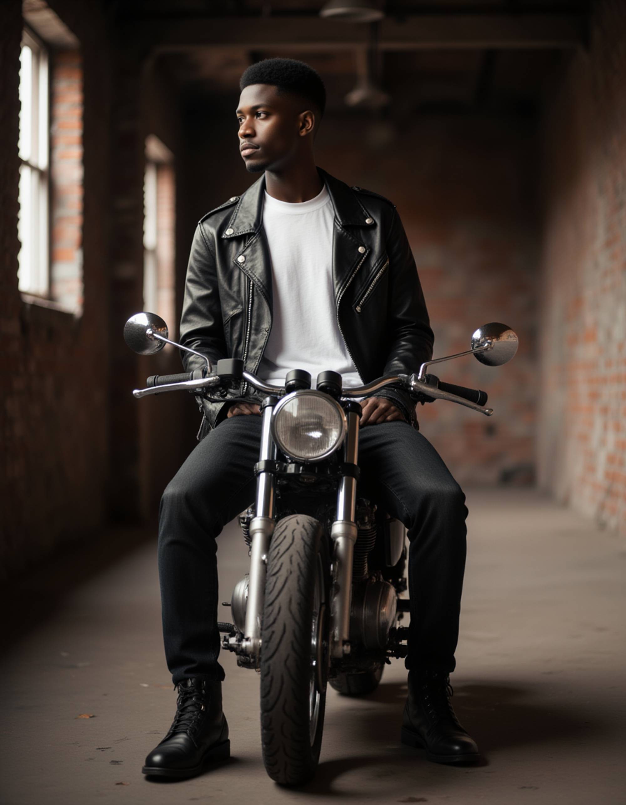 male model sitting on vintage motorcycle in industrial warehouse setting, wearing distressed leather jacket over white t-shirt and dark jeans with boots. model looks off to the side with contemplative expression. exposed brick walls and dramatic side lighting. raw masculine energy with classic rebel aesthetic.