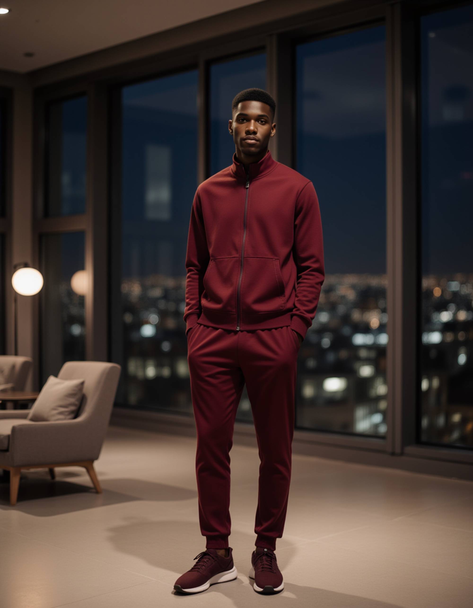 full body shot of stylish male model in modern minimalist penthouse, wearing designer tracksuit in deep burgundy with luxury sneakers. model stands near floor-to-ceiling windows overlooking city at night. sleek furniture and ambient lighting. contemporary urban luxury lifestyle aesthetic.