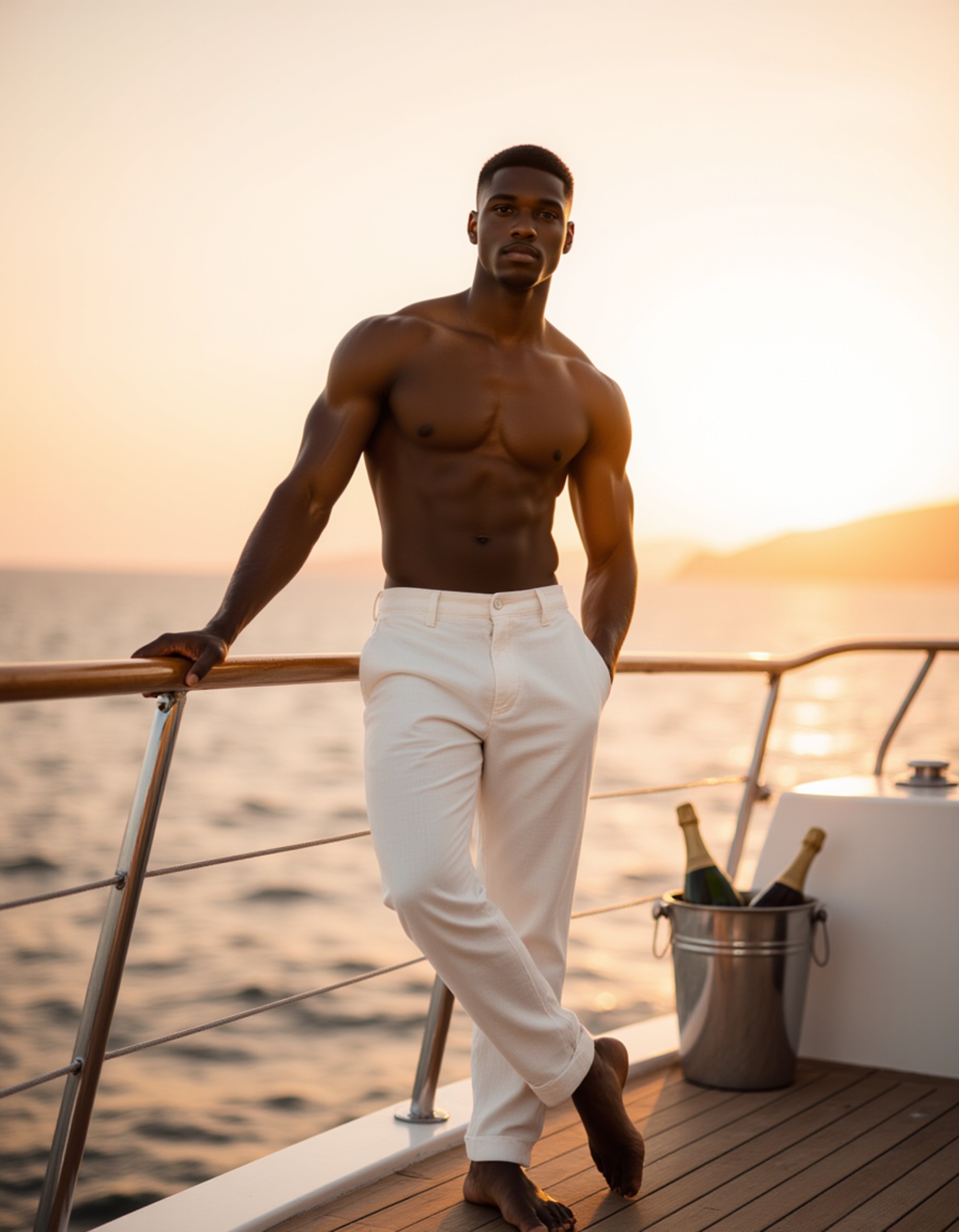 athletic male model posing on private yacht deck at sunset, shirtless wearing tailored cream linen pants. model leans against yacht railing with ocean and golden sky in background. champagne bottle in ice bucket nearby. bronzed skin catching warm lighting. luxurious maritime lifestyle with idealized physique emphasized.