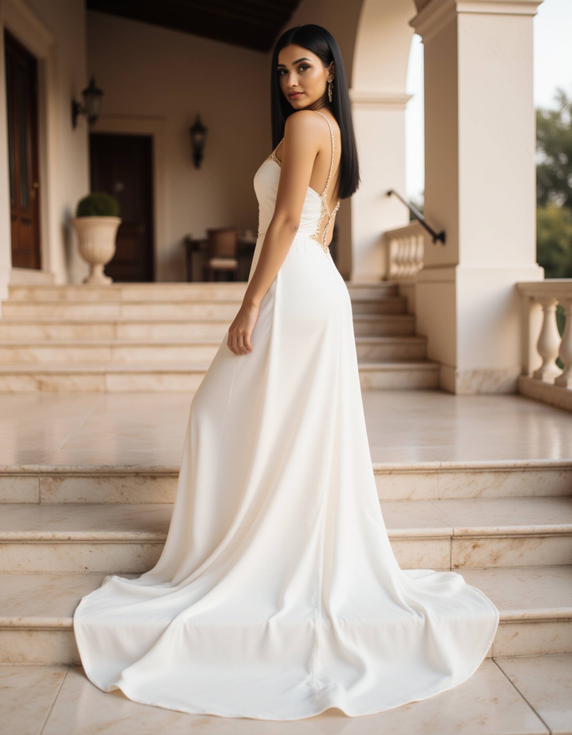 full body photo of elegant female model wearing flowing white silk dress with gold accessories, standing on marble staircase of luxury villa. model looks over shoulder with confident expression. Mediterranean architecture with arched doorways and soft natural lighting. the photo emphasizes their graceful, idealized feminine silhouette.