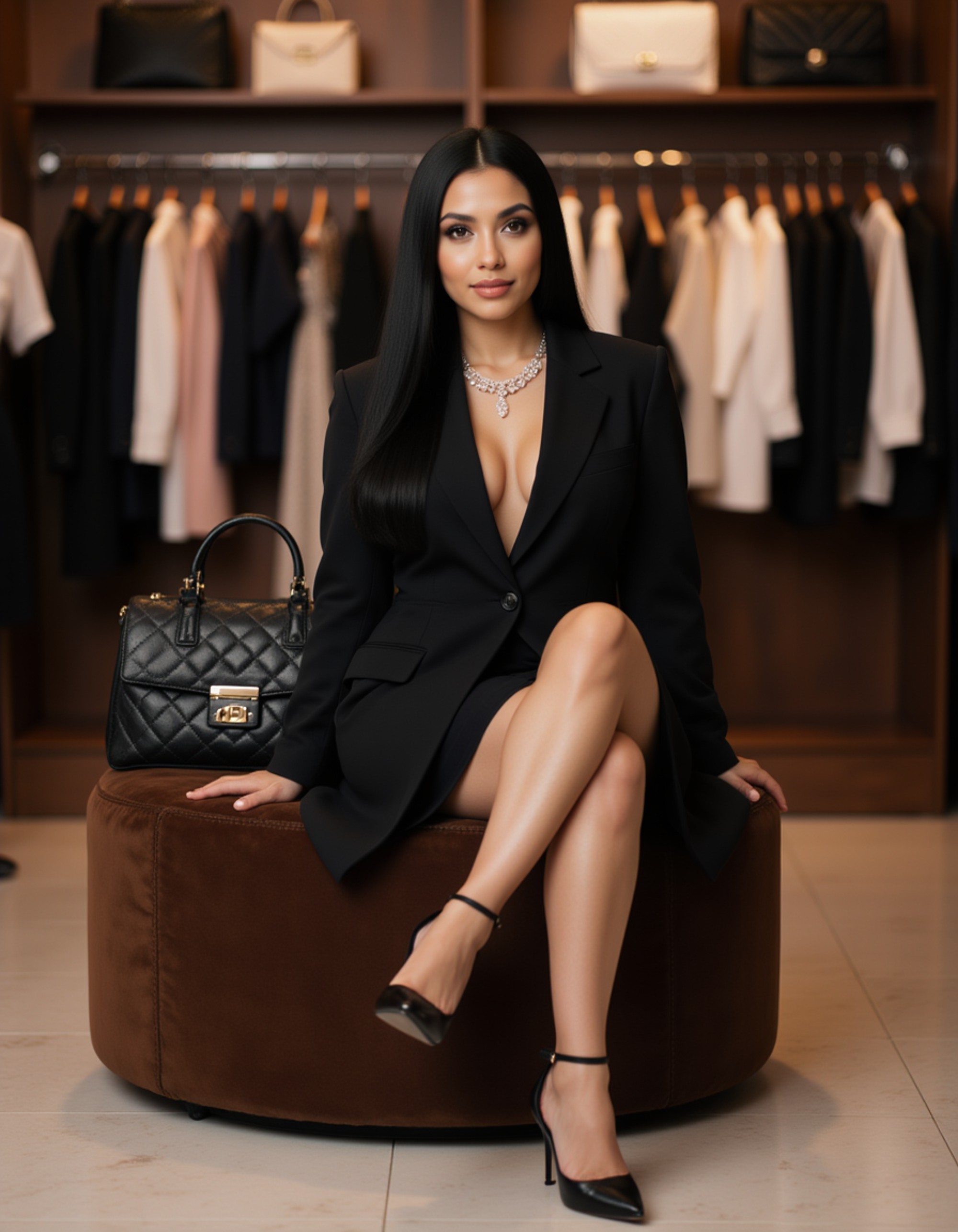 female model posing in high-end fashion boutique surrounded by designer handbags and clothing racks. model sits on velvet ottoman wearing chic black blazer dress with statement heels and diamond jewelry. styled hair and sophisticated makeup. soft boutique lighting highlights her poised expression. the photo emphasizes their exaggerated, idealized body shapes.