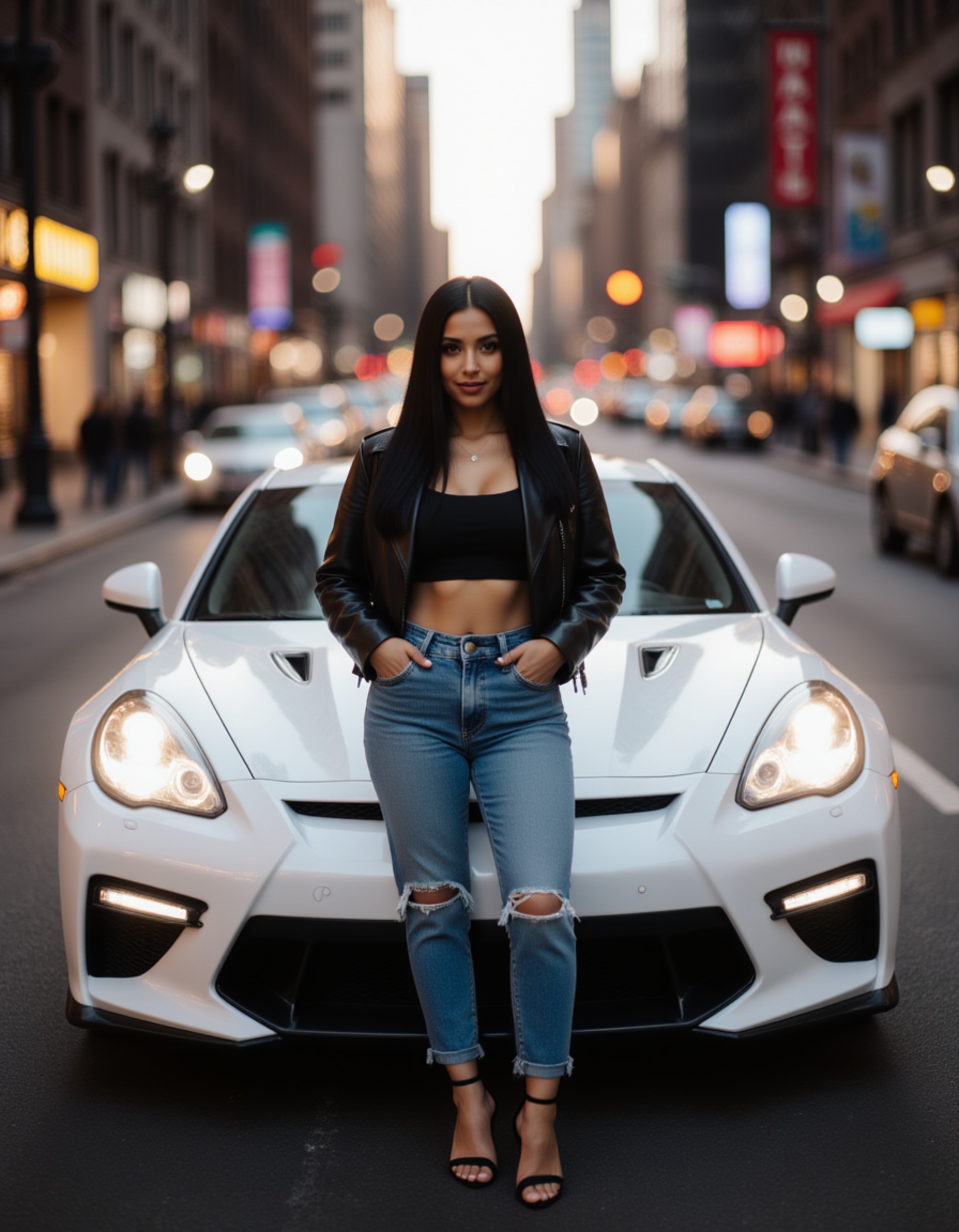 full body photo of confident female model leaning against pearl white Porsche 911 in upscale city street at dusk. model wears fitted leather jacket, crop top and high-waisted jeans with designer heels. city lights creating bokeh effect in background. sleek modern aesthetic with strong fashion-forward presence.