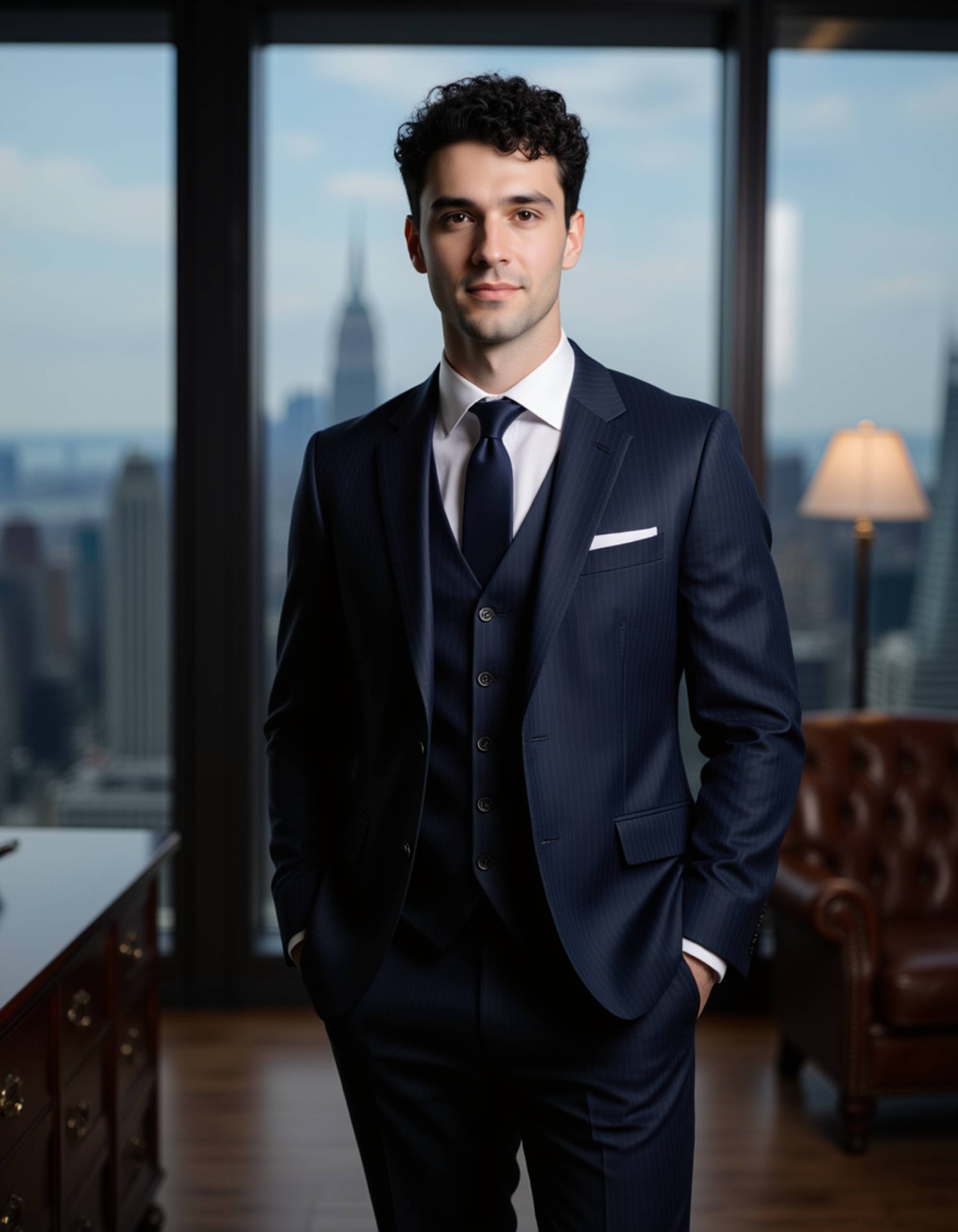 full body photo of sophisticated male model in three-piece navy pinstripe suit standing in luxurious penthouse office, hands in pockets. floor-to-ceiling windows showing city skyline at dusk. mahogany desk and leather chairs visible. confident posture with sharp jawline. dramatic lighting emphasizing tailored fit and executive presence.
