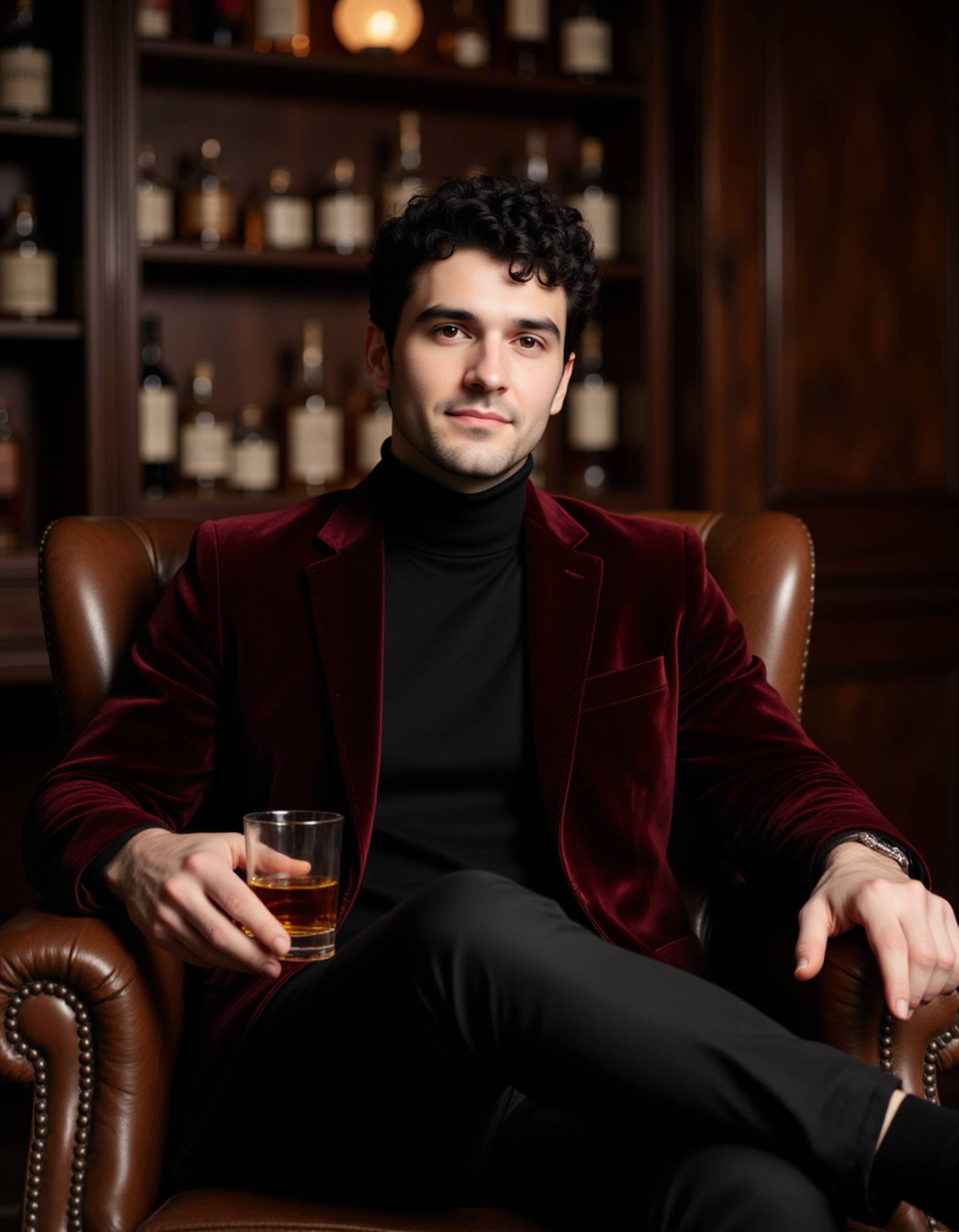 full-body shot of stylish male model sitting in vintage brown leather chair in exclusive whiskey bar, wearing burgundy velvet blazer over black turtleneck with fitted trousers. model holds crystal tumbler with amber liquid. dim moody lighting with wood paneling and bottles in background. sophisticated gentlemen's club aesthetic.