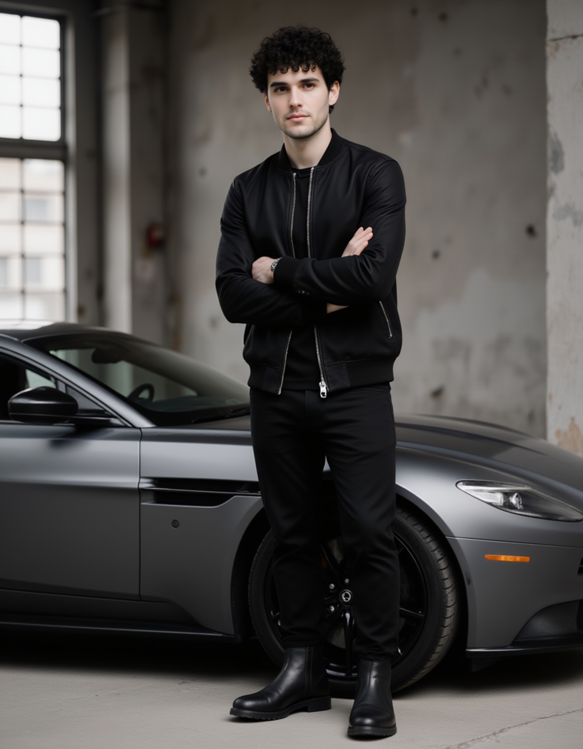 male model standing next to matte grey Aston Martin in modern architectural setting with concrete and glass. model wears all-black ensemble: fitted bomber jacket, slim pants and Chelsea boots. arms crossed with confident expression looking directly at camera. minimalist luxury aesthetic with clean lines and dramatic shadows.