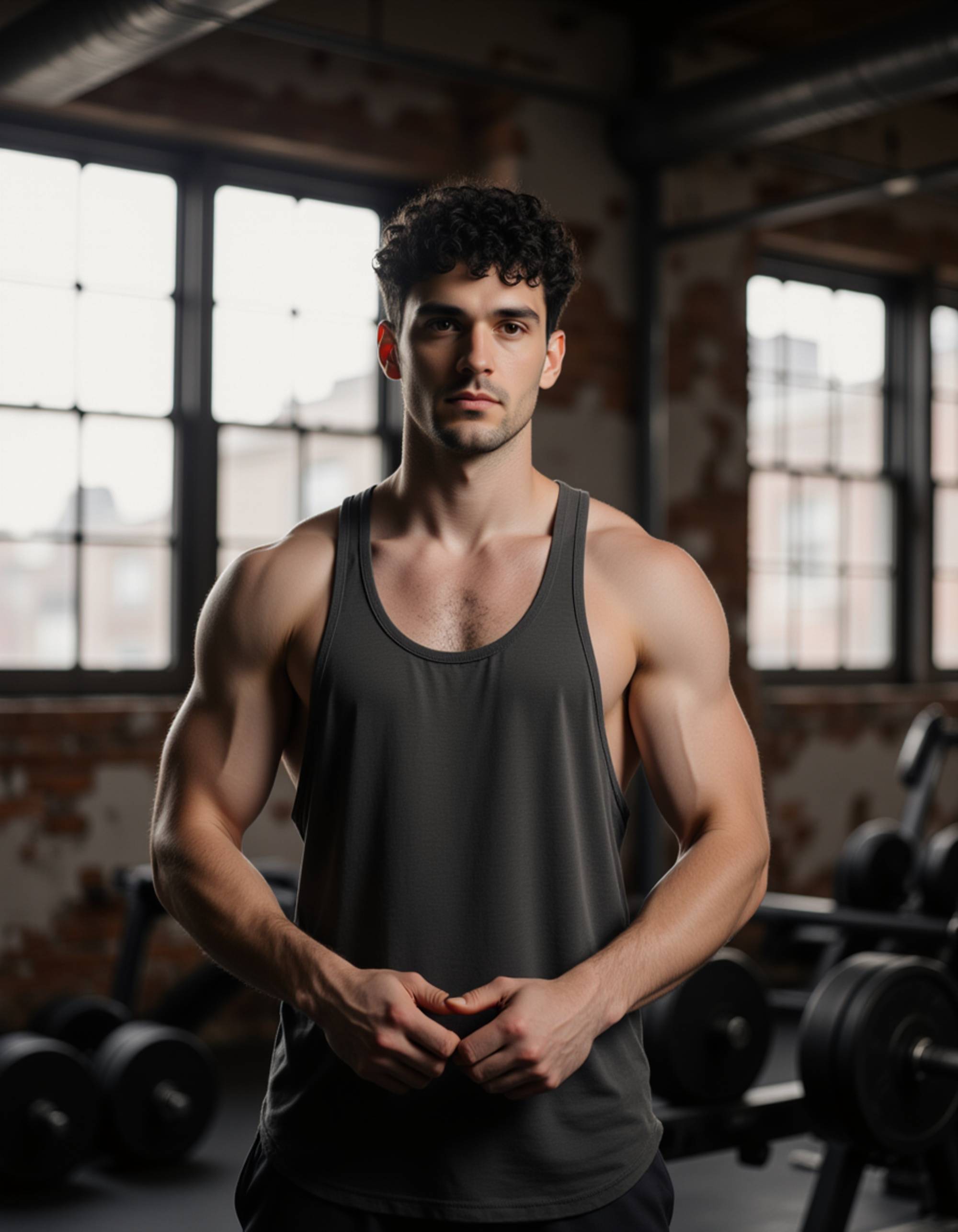 full body photo of rugged male model in home gym with exposed brick walls, wearing athletic tank top and joggers. model does bicep pose near dumbbells and weight equipment. natural light streaming through industrial windows. sweat glistening on defined muscles. motivational fitness lifestyle aesthetic. the photo emphasizes their exaggerated, idealized athletic physique.