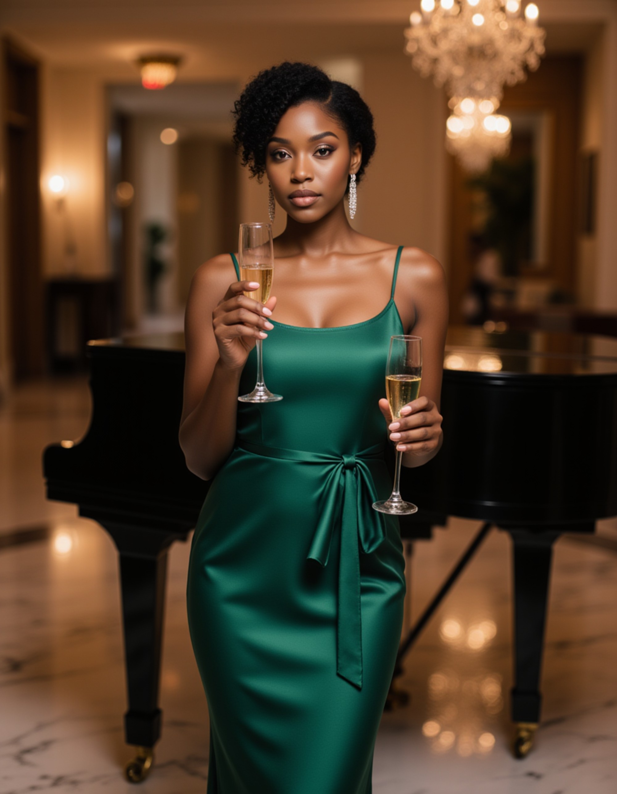 full body photo of stunning female model wearing emerald green satin slip dress with delicate straps, standing in luxury hotel lobby. model poses near grand piano with champagne flute in hand. crystal chandeliers and marble floors visible. elegant updo hairstyle with diamond earrings. sophisticated evening glamour with soft romantic lighting.