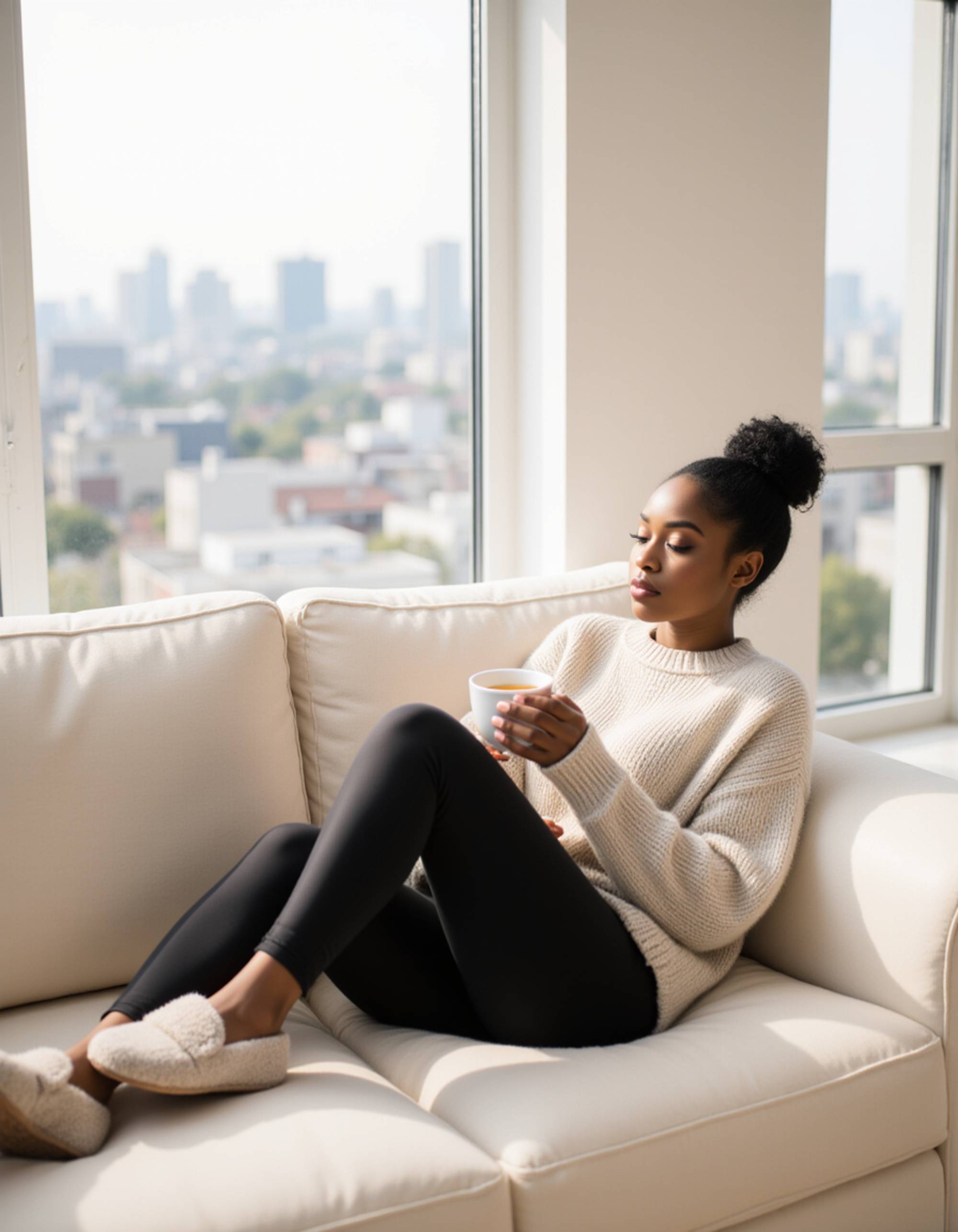female model lounging on plush cream sofa in modern minimalist apartment, wearing oversized cashmere sweater and designer leggings with luxury slippers. model holds coffee cup with serene expression. floor-to-ceiling windows with city view. cozy chic aesthetic with natural morning light. styled messy bun and minimal makeup creating effortless elegance.
