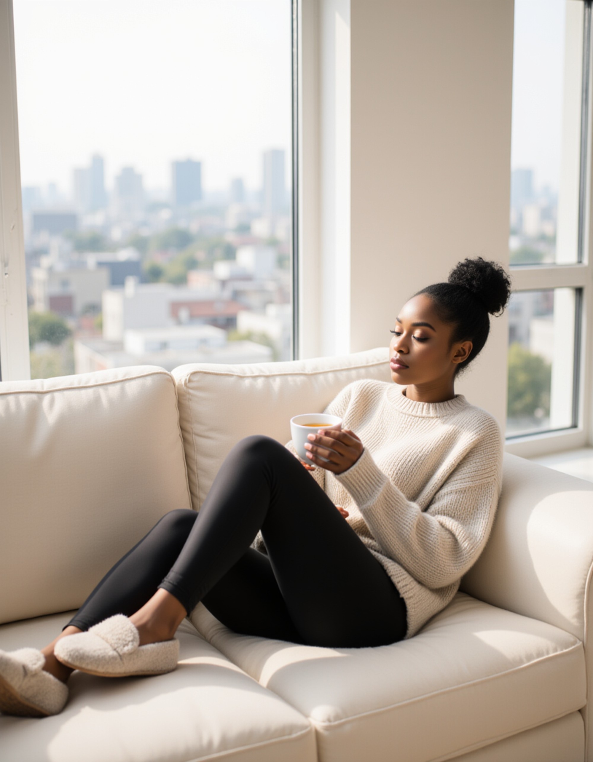 female model lounging on plush cream sofa in modern minimalist apartment, wearing oversized cashmere sweater and designer leggings with luxury slippers. model holds coffee cup with serene expression. floor-to-ceiling windows with city view. cozy chic aesthetic with natural morning light. styled messy bun and minimal makeup creating effortless elegance.