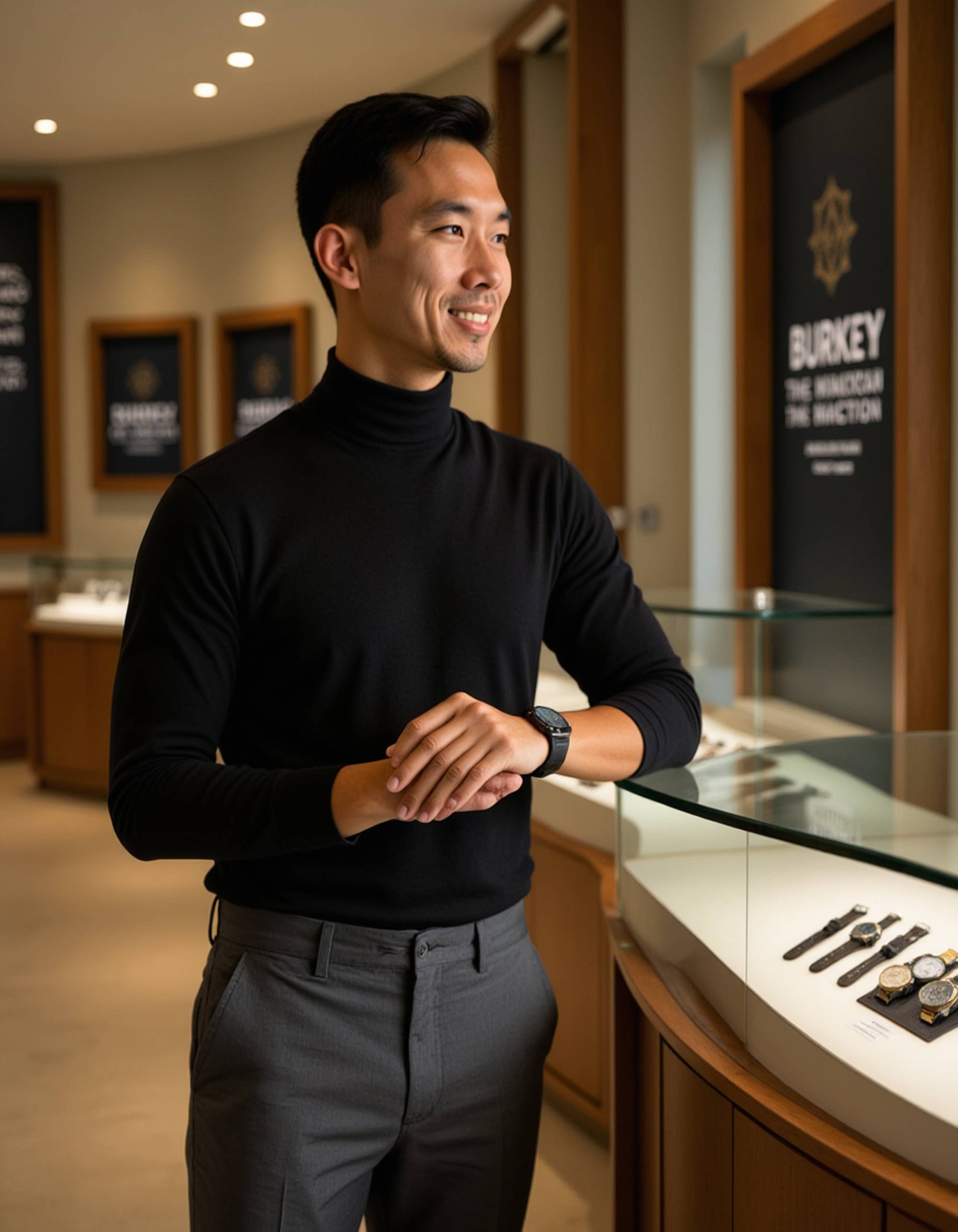 full body photo of confident male model in luxury watch store, wearing slim-fit black turtleneck and tailored grey trousers with dress shoes. model examines premium timepiece on wrist while leaning against glass display case. sophisticated retail interior with spotlights illuminating watch collections. refined gentleman aesthetic with attention to detail and craftsmanship.