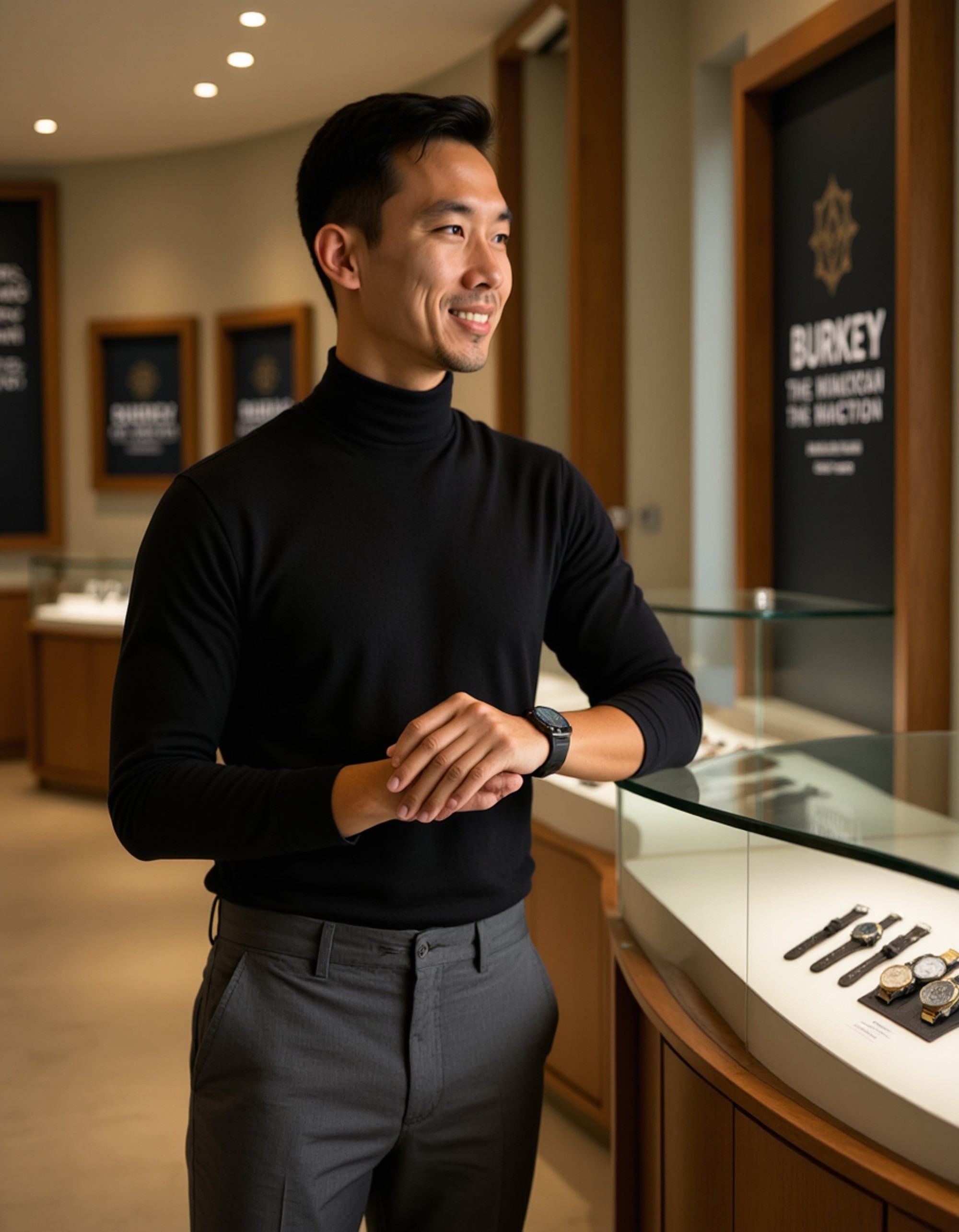 full body photo of confident male model in luxury watch store, wearing slim-fit black turtleneck and tailored grey trousers with dress shoes. model examines premium timepiece on wrist while leaning against glass display case. sophisticated retail interior with spotlights illuminating watch collections. refined gentleman aesthetic with attention to detail and craftsmanship.