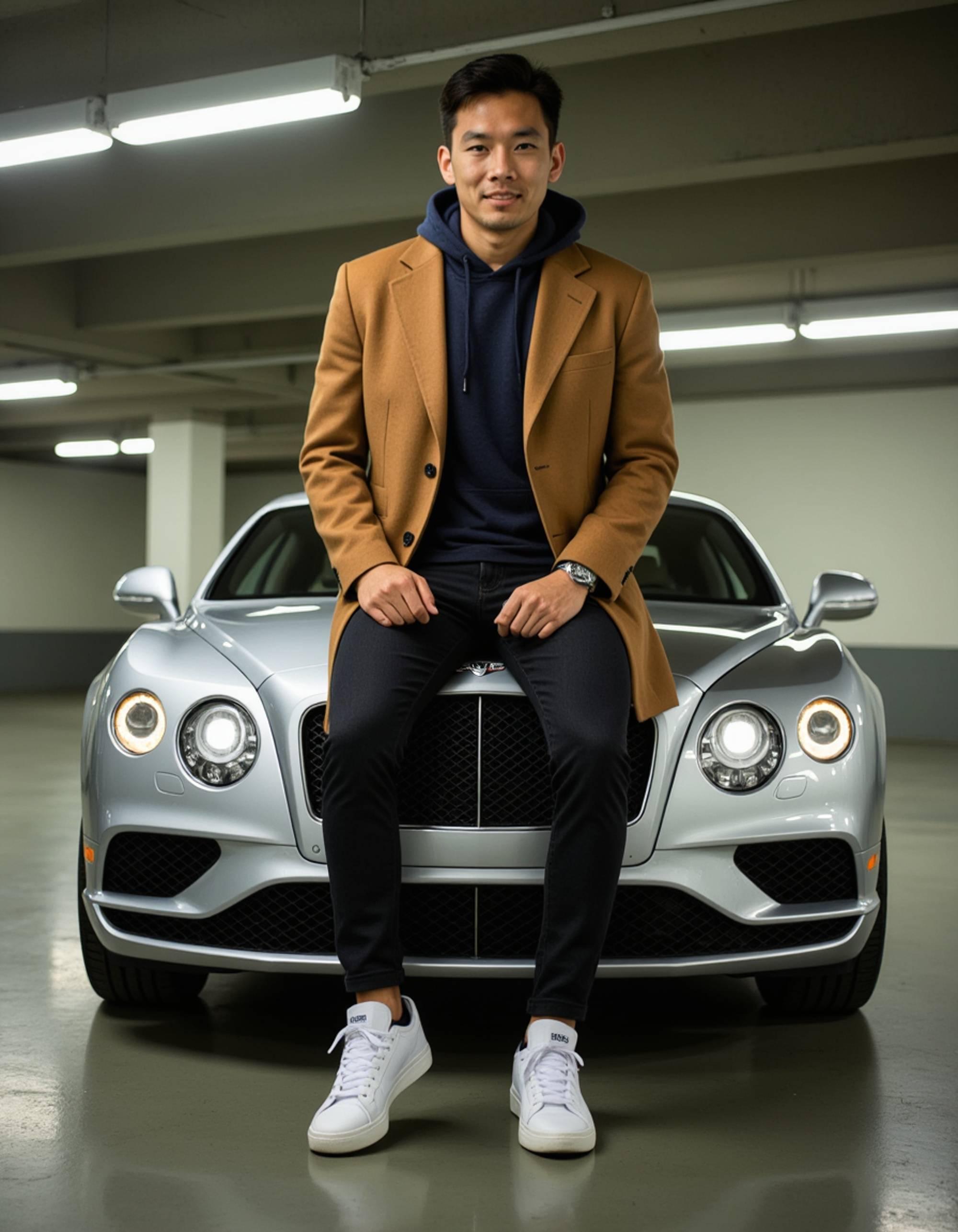 male model sitting on hood of silver Bentley Continental in underground parking garage, wearing designer hoodie under camel overcoat with black jeans and high-top sneakers. model looks directly at camera with relaxed confidence. neon strip lighting creating modern urban atmosphere. street luxury meets high fashion aesthetic.