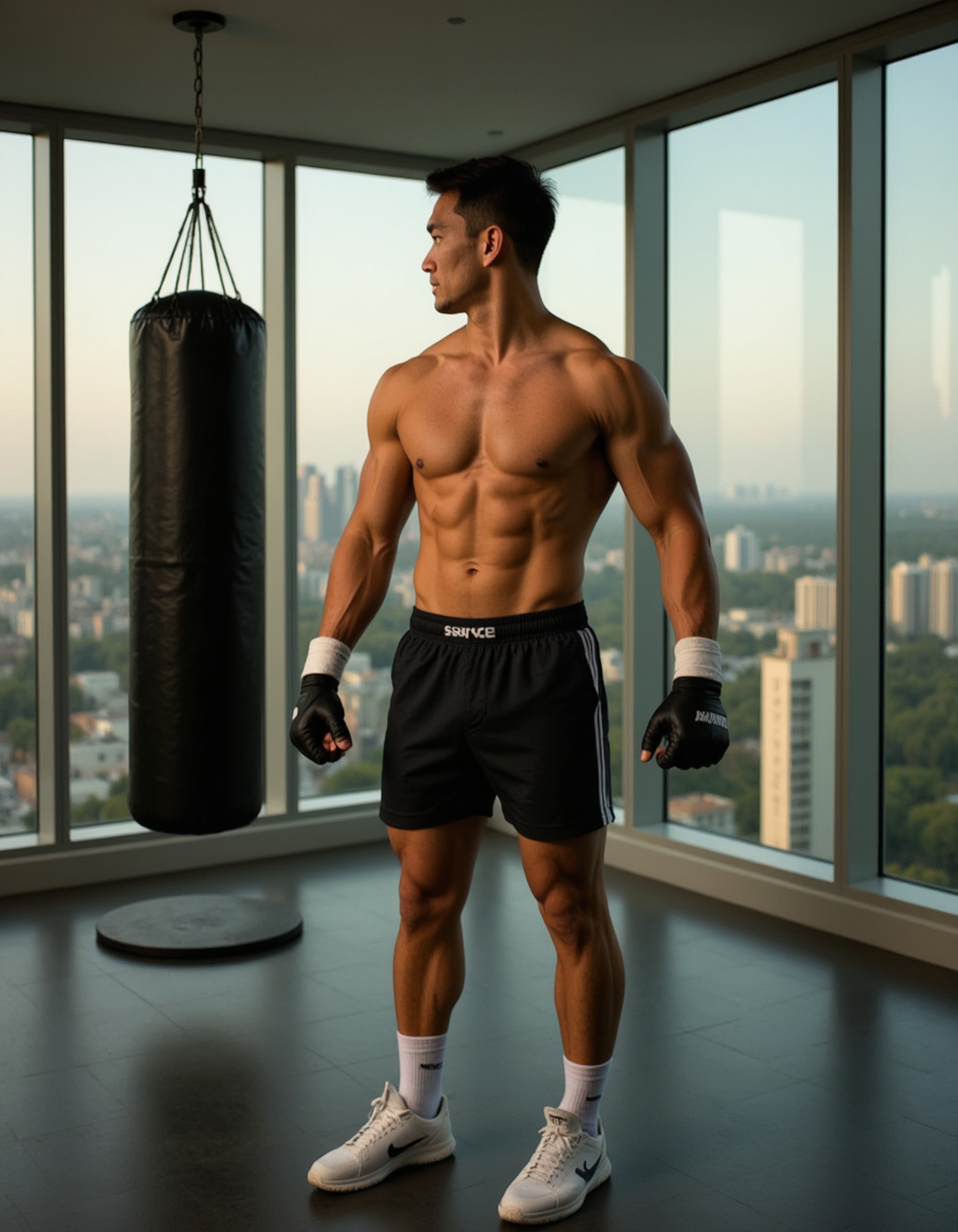full-body shot of muscular male model standing in modern home gym with panoramic windows, shirtless wearing athletic shorts and training gloves. model in fighter stance near punching bag. city skyline visible through glass. dramatic side lighting emphasizing defined abs and shoulders. the photo emphasizes their exaggerated, idealized chiseled physique and masculine strength.