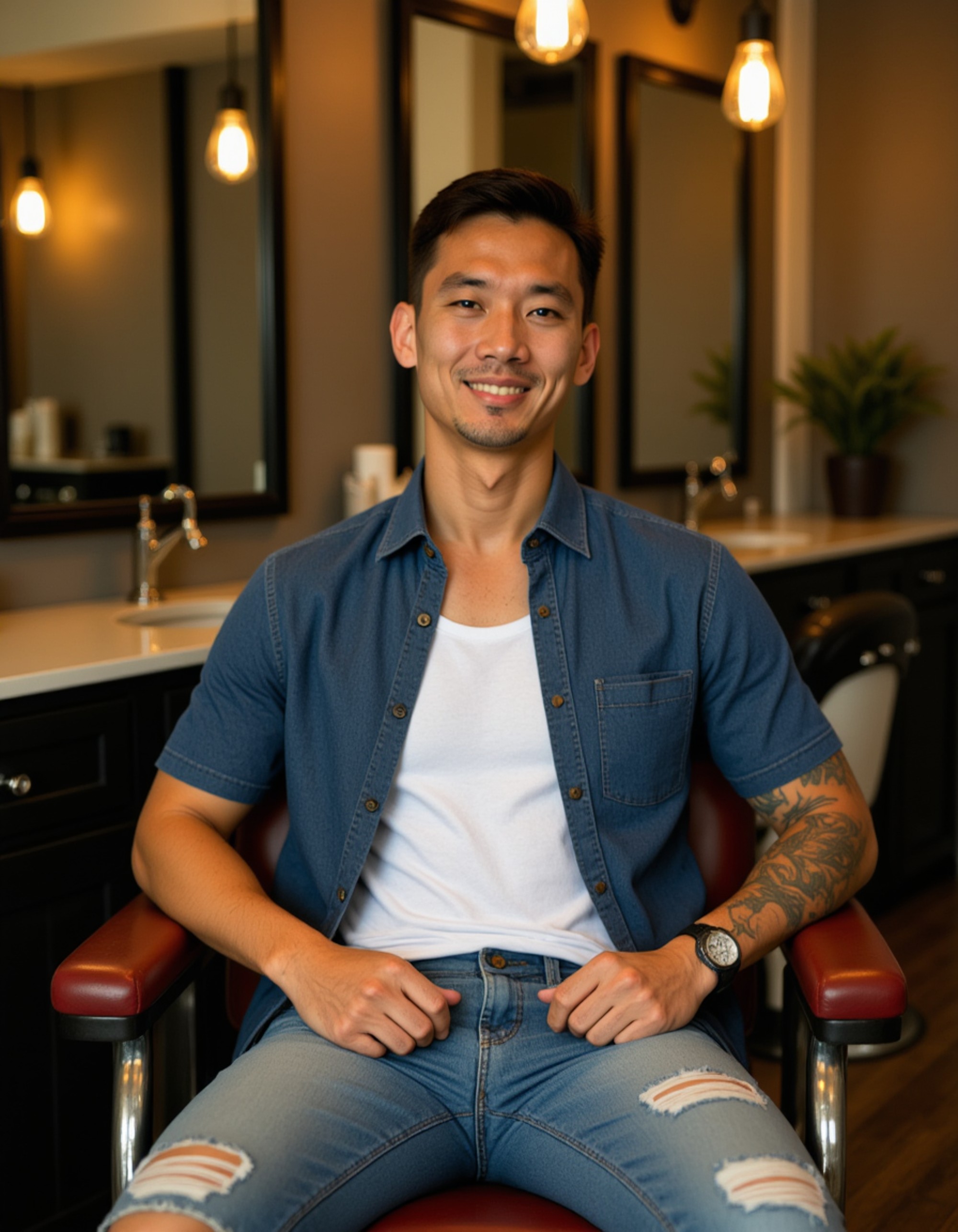 full body photo of stylish male model in upscale barbershop, sitting in vintage leather barber chair wearing open denim shirt over white tank and distressed jeans. tattoos visible on forearms. classic barber tools and mirrors in background. warm Edison bulb lighting. modern masculine grooming culture with rugged refined aesthetic.
