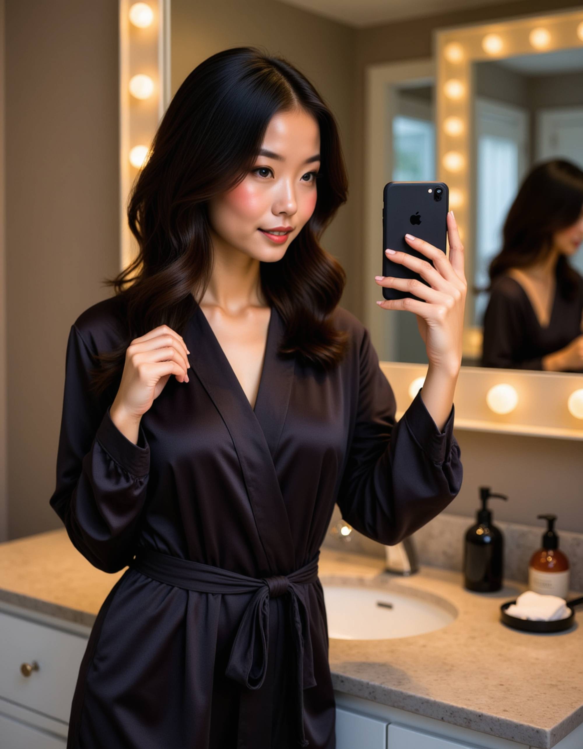 seductive female model in black satin robe doing bathroom mirror selfie with iPhone, full body visible. luxury marble vanity with designer makeup and perfume bottles. soft backlit mirror creating glamorous atmosphere. hair in loose waves with sultry expression. the photo emphasizes their exaggerated, idealized hourglass silhouette and sensual morning aesthetic.