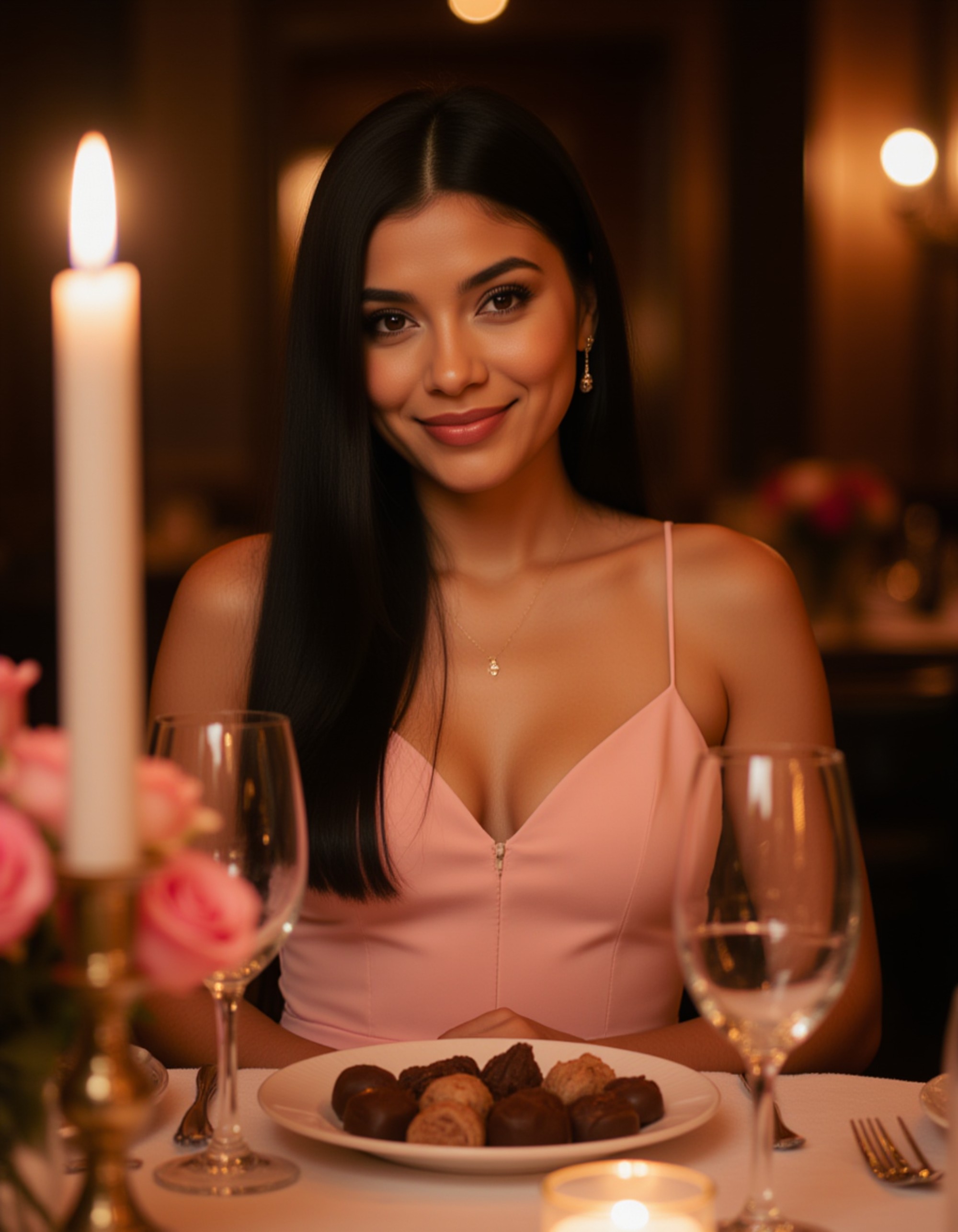 A radiant female model wearing a soft pink dress, sitting at a candlelit dinner table adorned with roses and chocolates, smiling gently under warm Valentine’s glow.