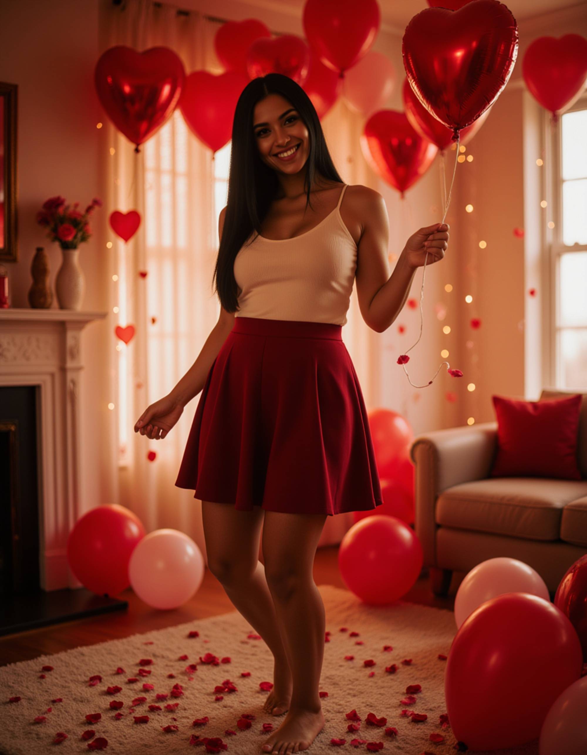 A playful woman surrounded by red heart balloons and rose petals, twirling with joy in a cozy, romantic room lit by fairy lights.
