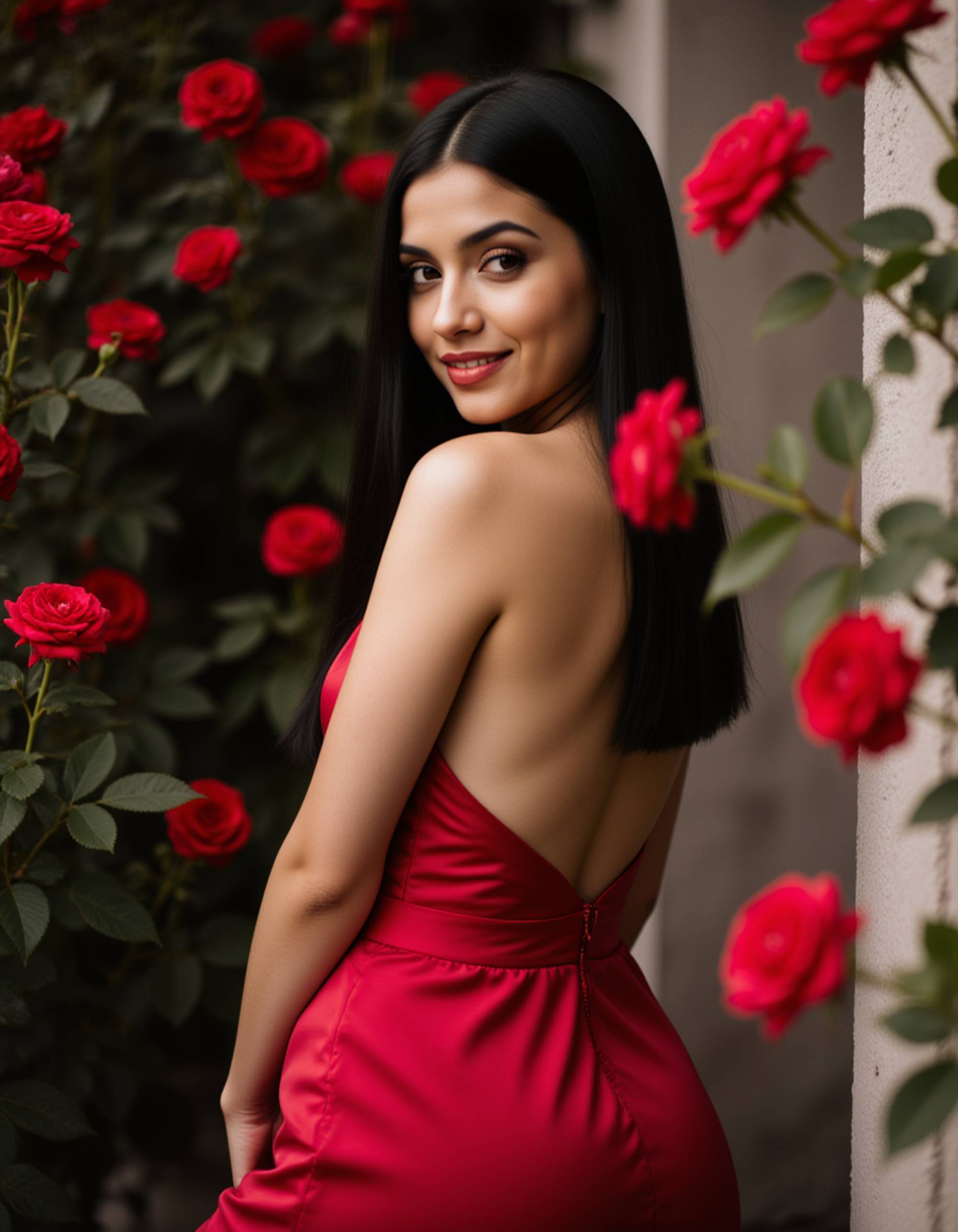 A graceful female model leaning against a wall of roses, wearing an elegant red satin dress and giving a soft, affectionate glance toward the camera.