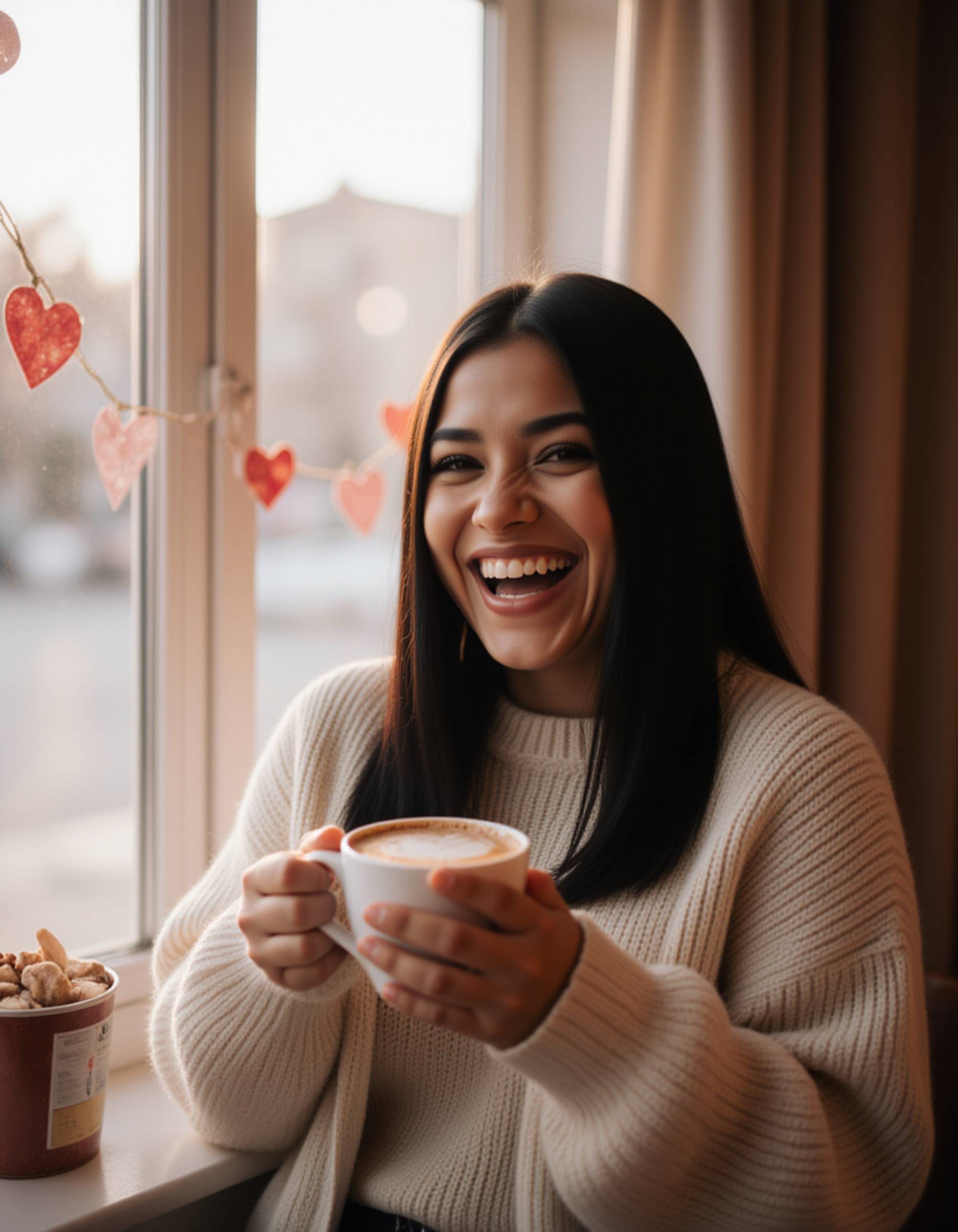 A woman wrapped in a cozy cardigan, holding a heart-shaped mug of hot chocolate by a window with dreamy Valentine decorations and soft natural morning light.