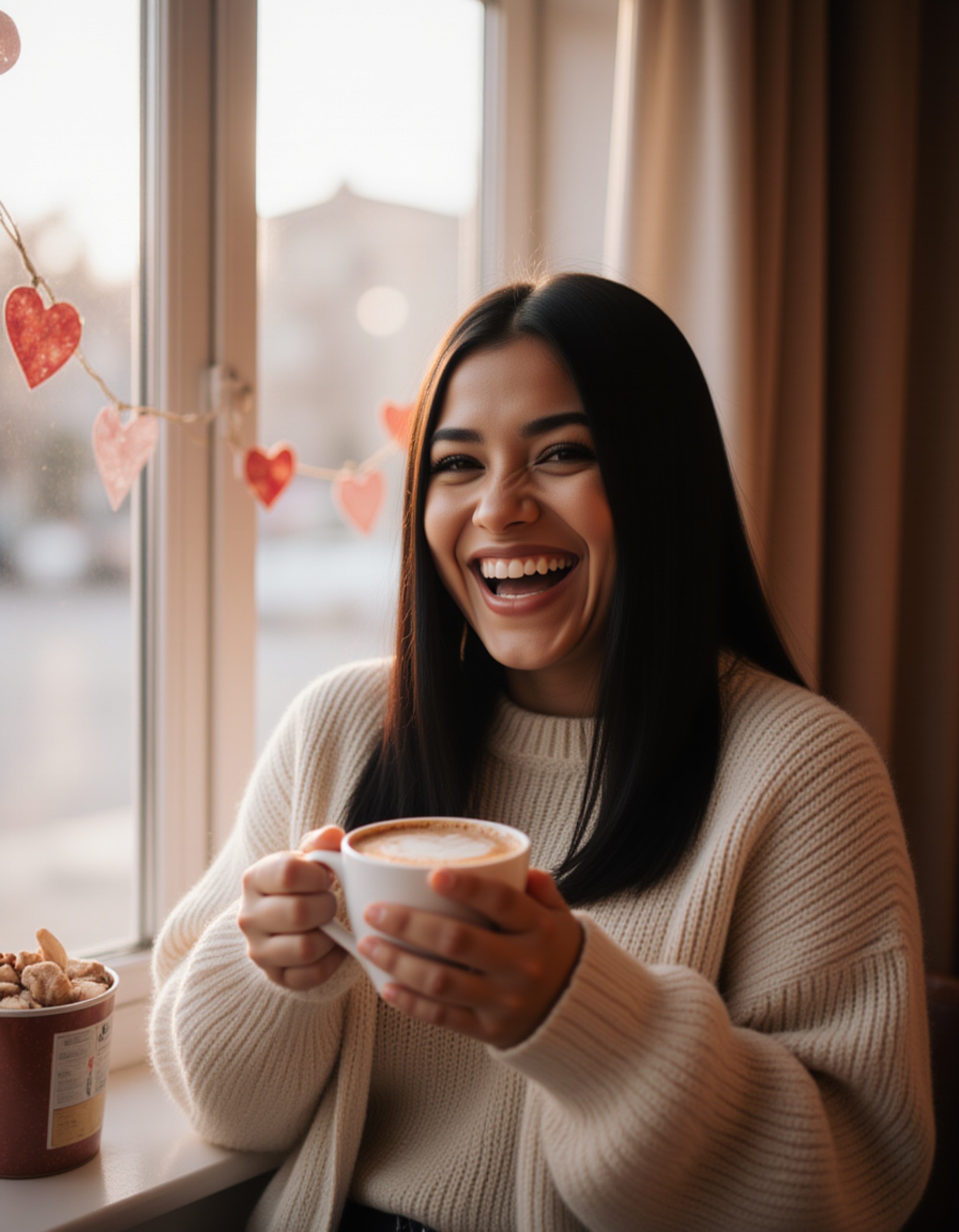 A woman wrapped in a cozy cardigan, holding a heart-shaped mug of hot chocolate by a window with dreamy Valentine decorations and soft natural morning light.