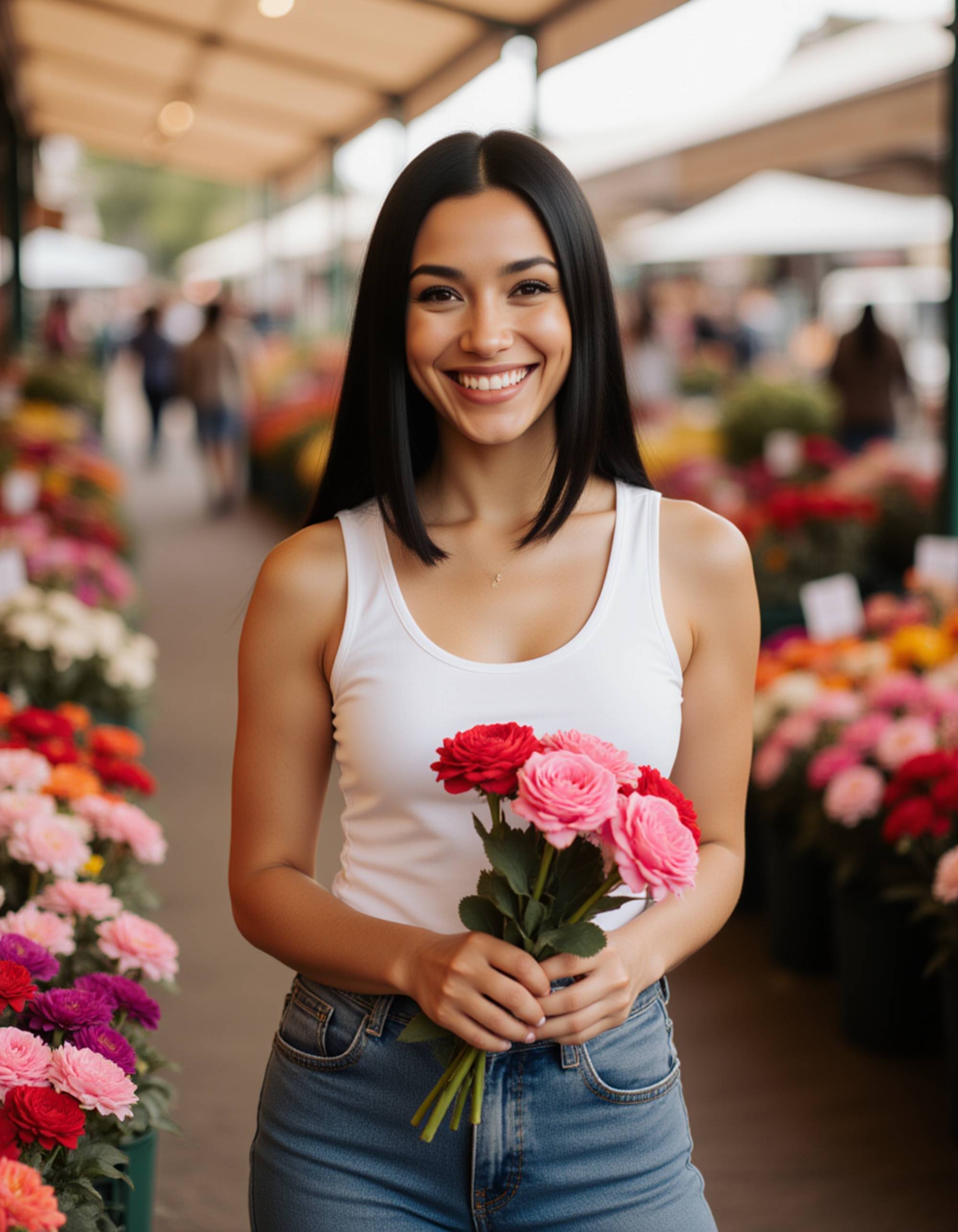 A chic female model walking through a flower market filled with pink and red blooms, holding a bouquet close to her heart with a radiant, romantic smile.