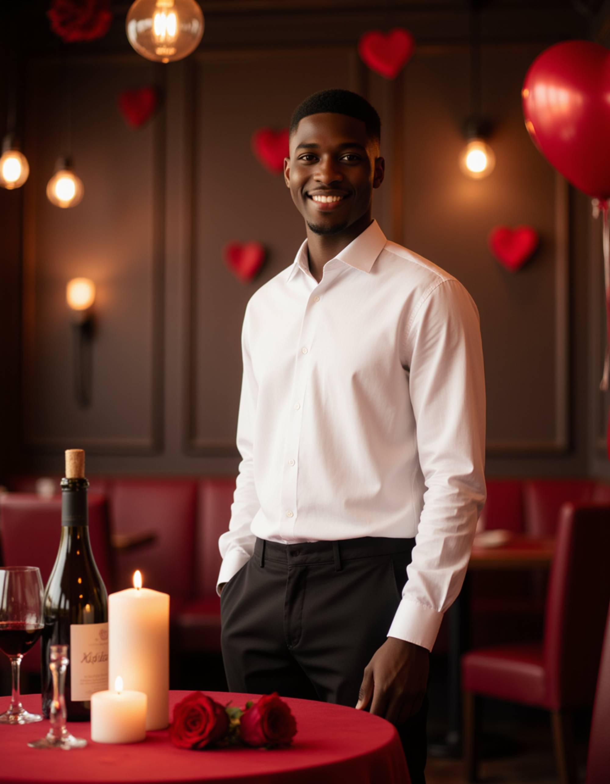 A confident male model in a crisp white shirt and dark trousers, standing beside a candlelit table with roses and wine, giving a warm, charming smile in a romantic Valentine's setting.