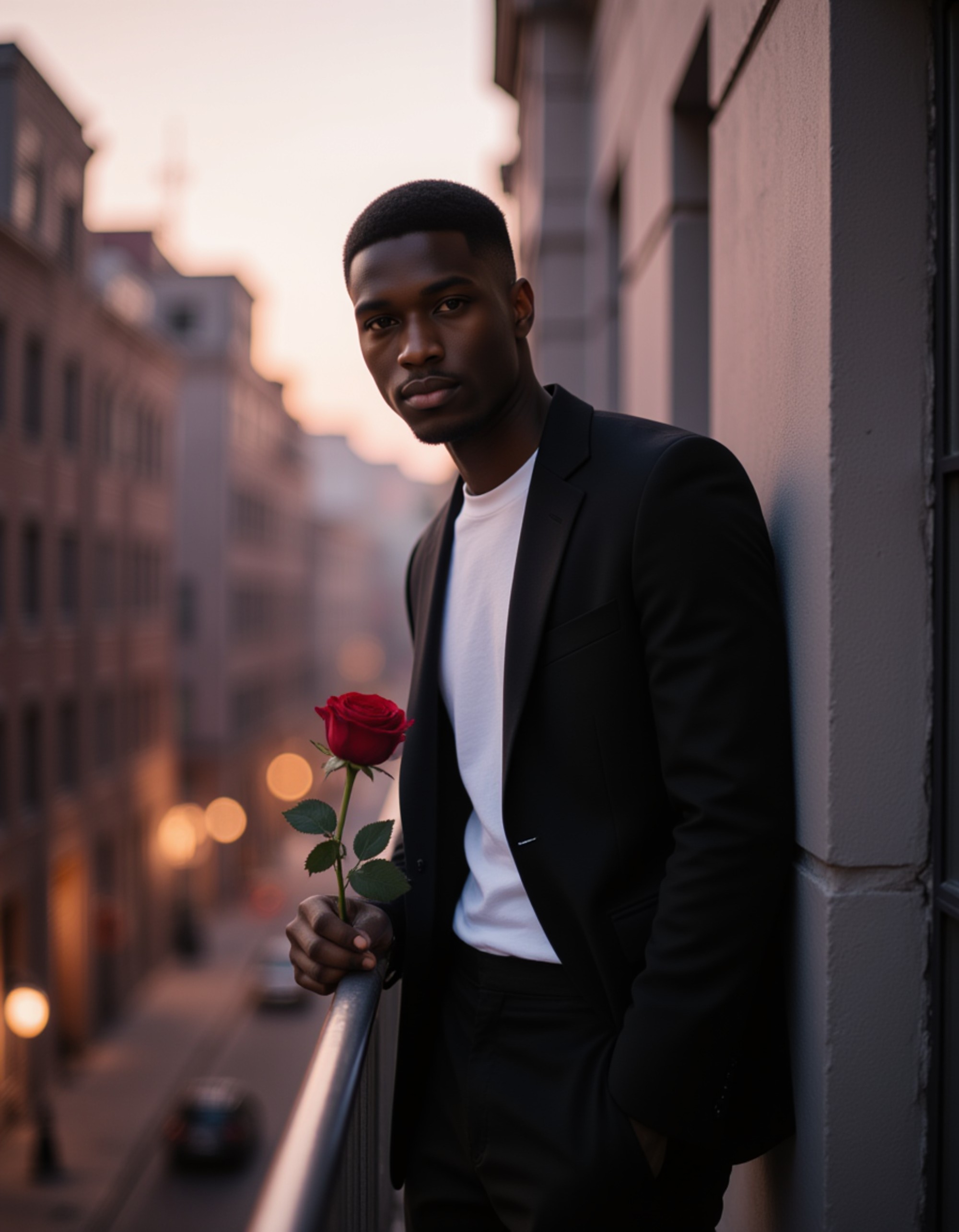 A stylish male model leaning casually against a city balcony at dusk, holding a red rose while soft pink and gold lights from nearby buildings create a romantic glow.