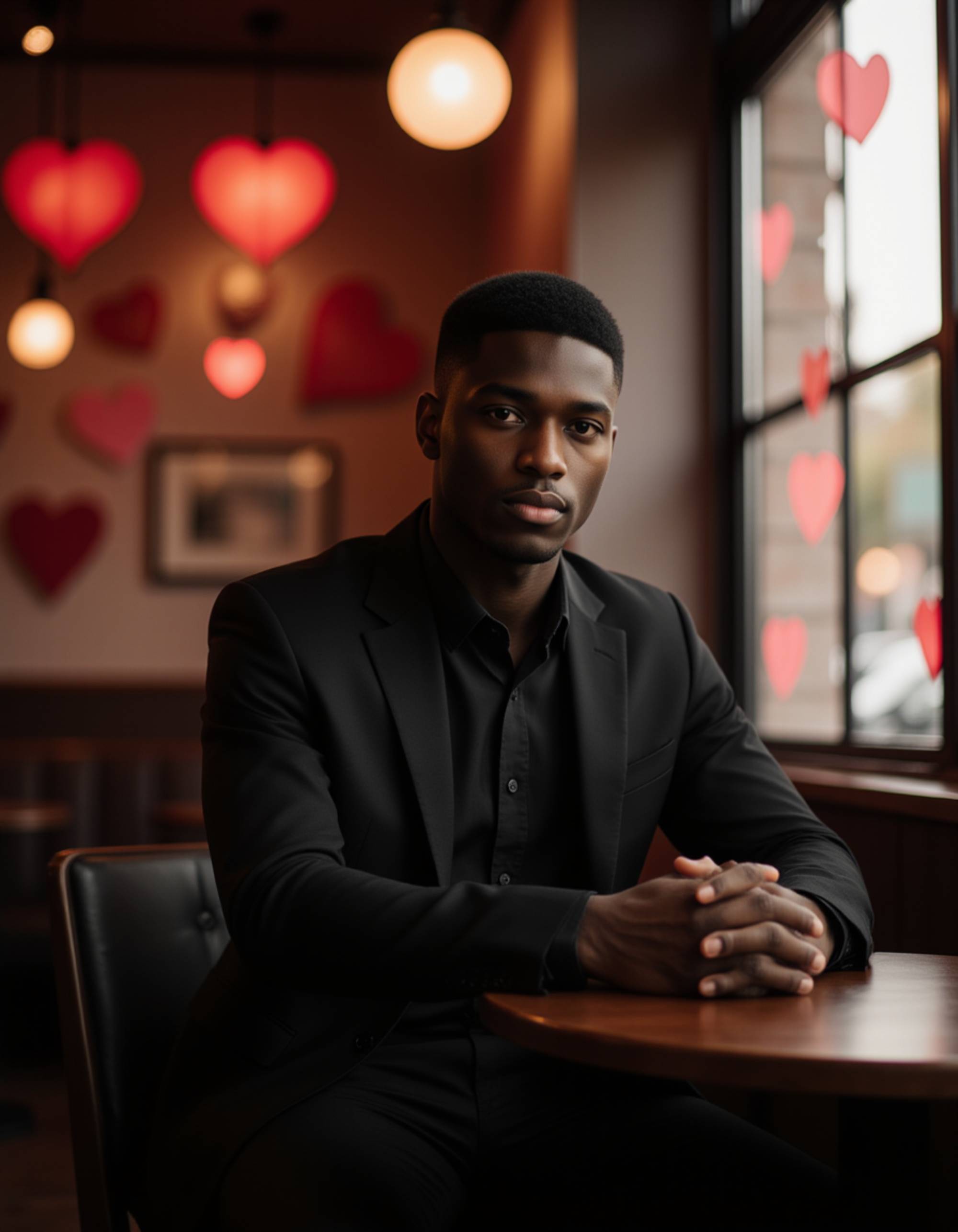 A masculine model dressed in an elegant black suit, sitting at a café with heart-shaped decorations, gazing thoughtfully out the window as gentle Valentine lights shimmer around him.