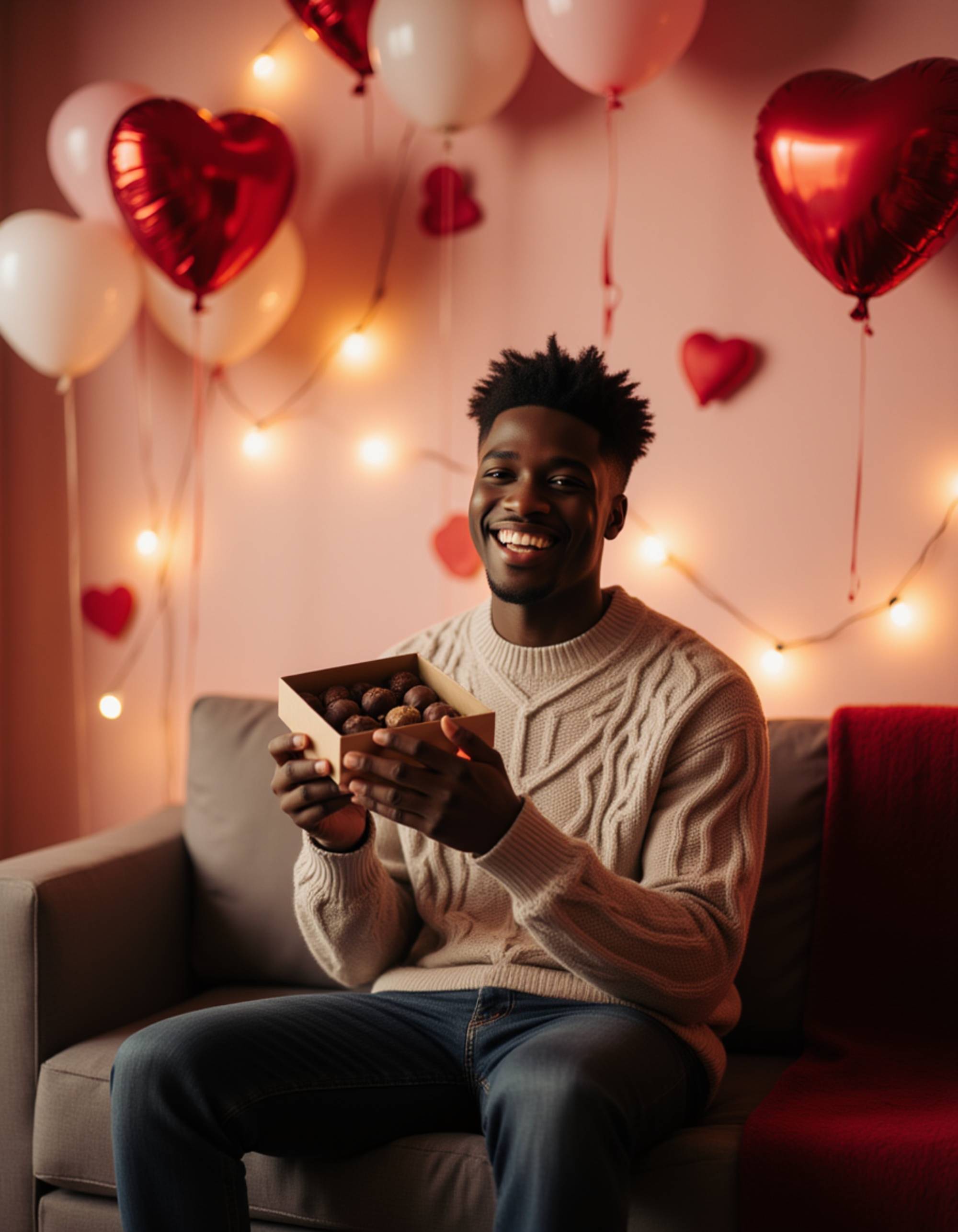 A relaxed male model wearing a cozy sweater and jeans, sitting on a couch surrounded by heart balloons and fairy lights, laughing softly while holding a box of chocolates.