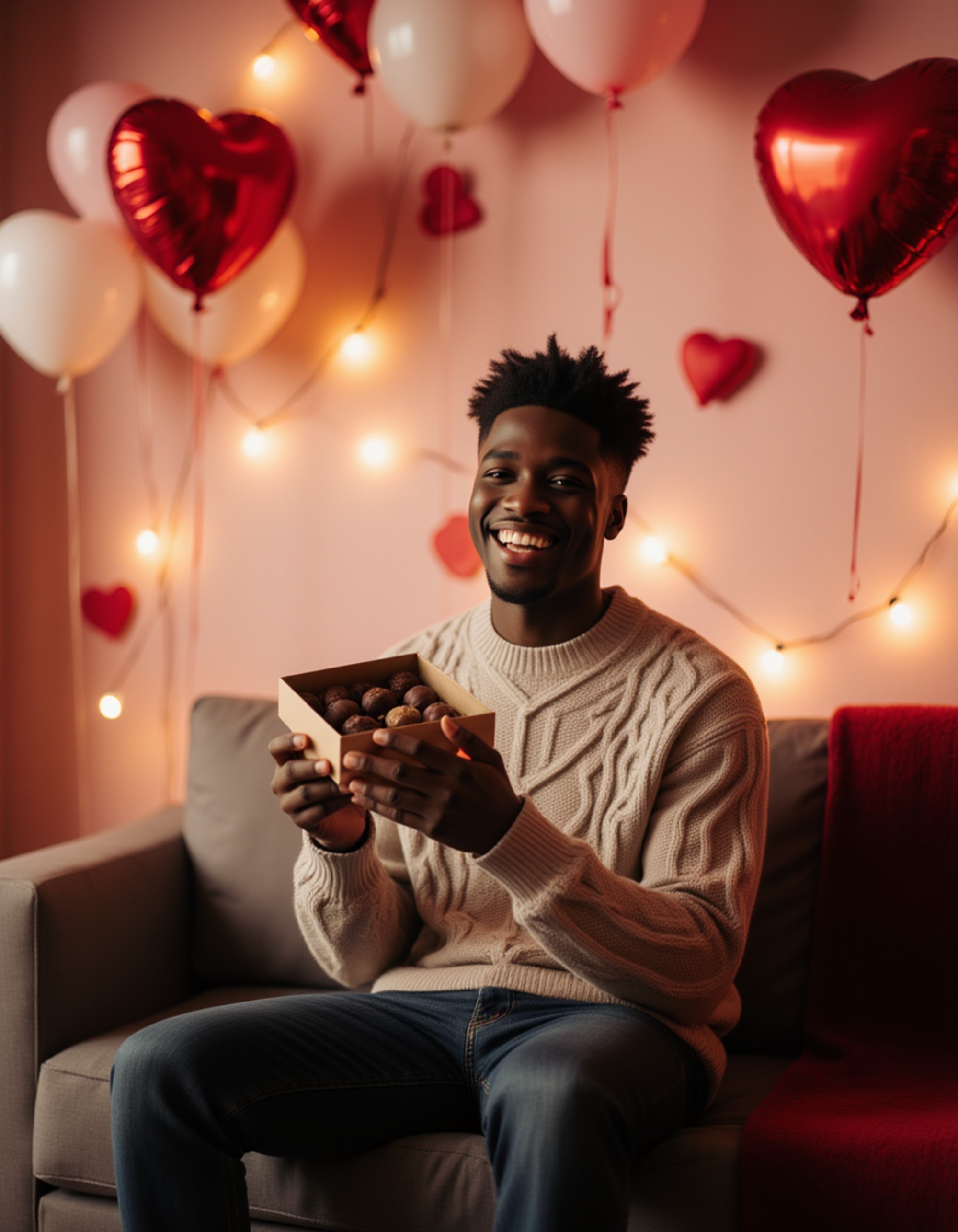 A relaxed male model wearing a cozy sweater and jeans, sitting on a couch surrounded by heart balloons and fairy lights, laughing softly while holding a box of chocolates.