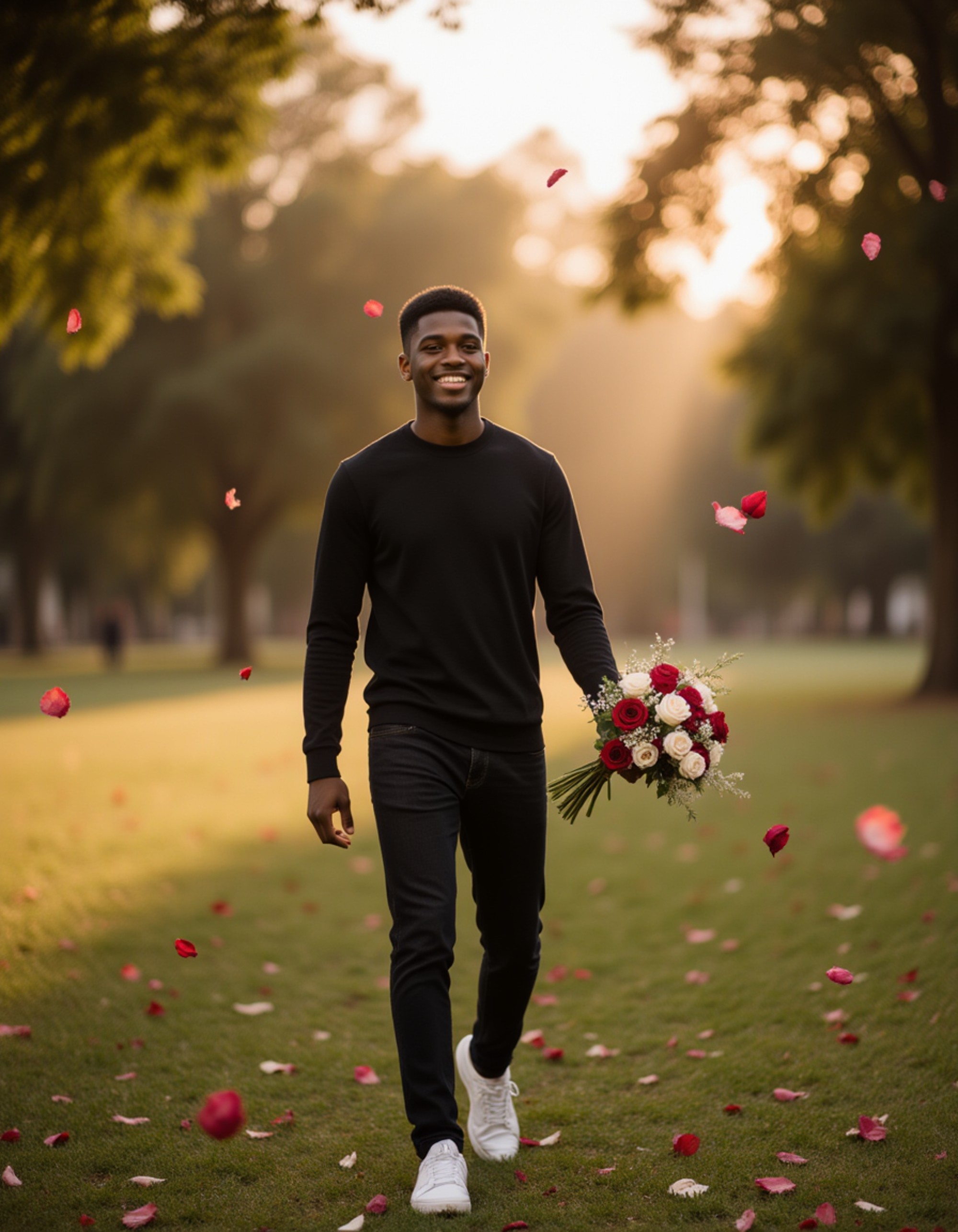 A charming male model walking through a park with a bouquet of roses, the soft evening light and falling petals creating a cinematic, romantic Valentine’s mood.